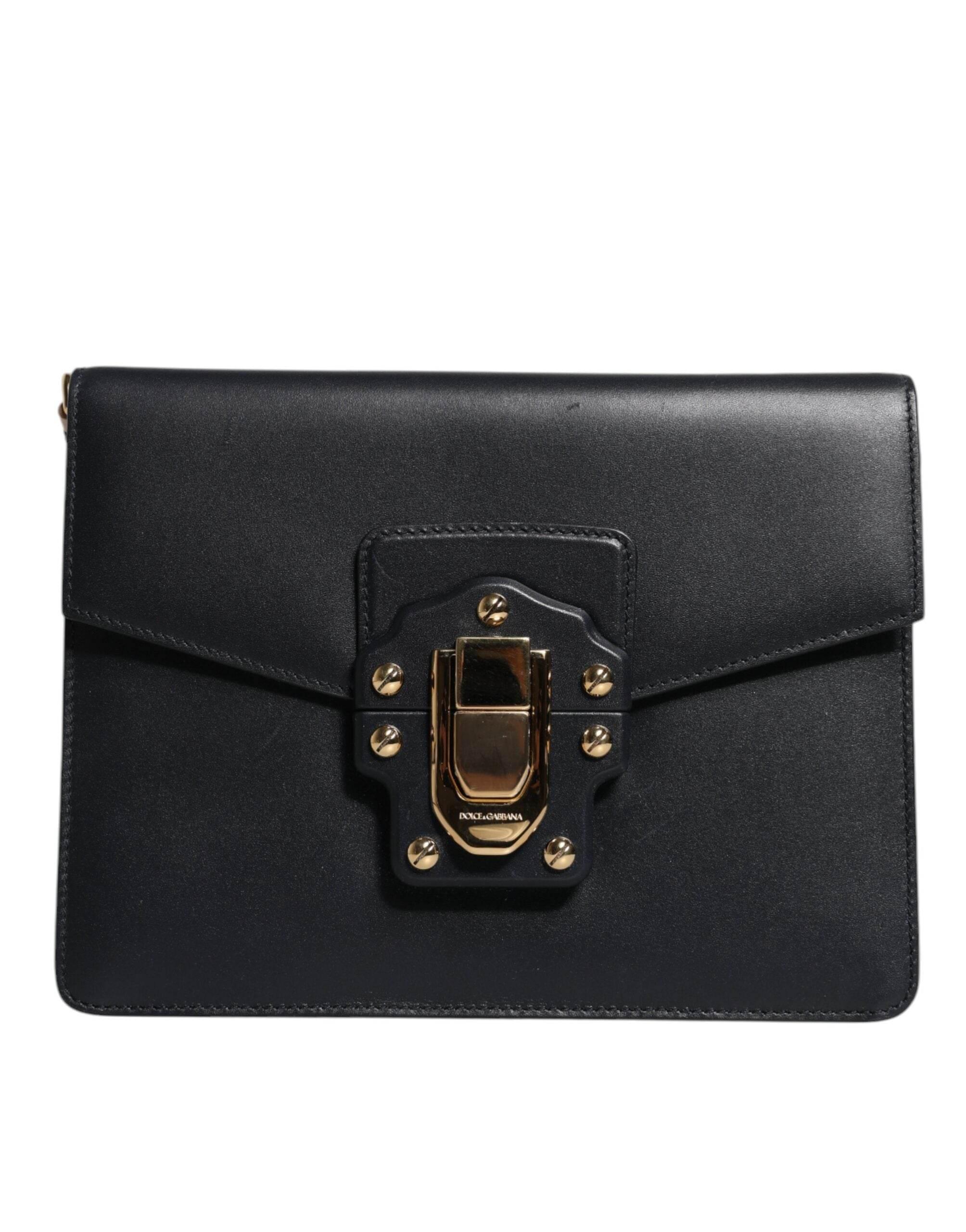 Dolce & Gabbana Black Leather Logo Gold Crossbody Purse Bag - Hilstor