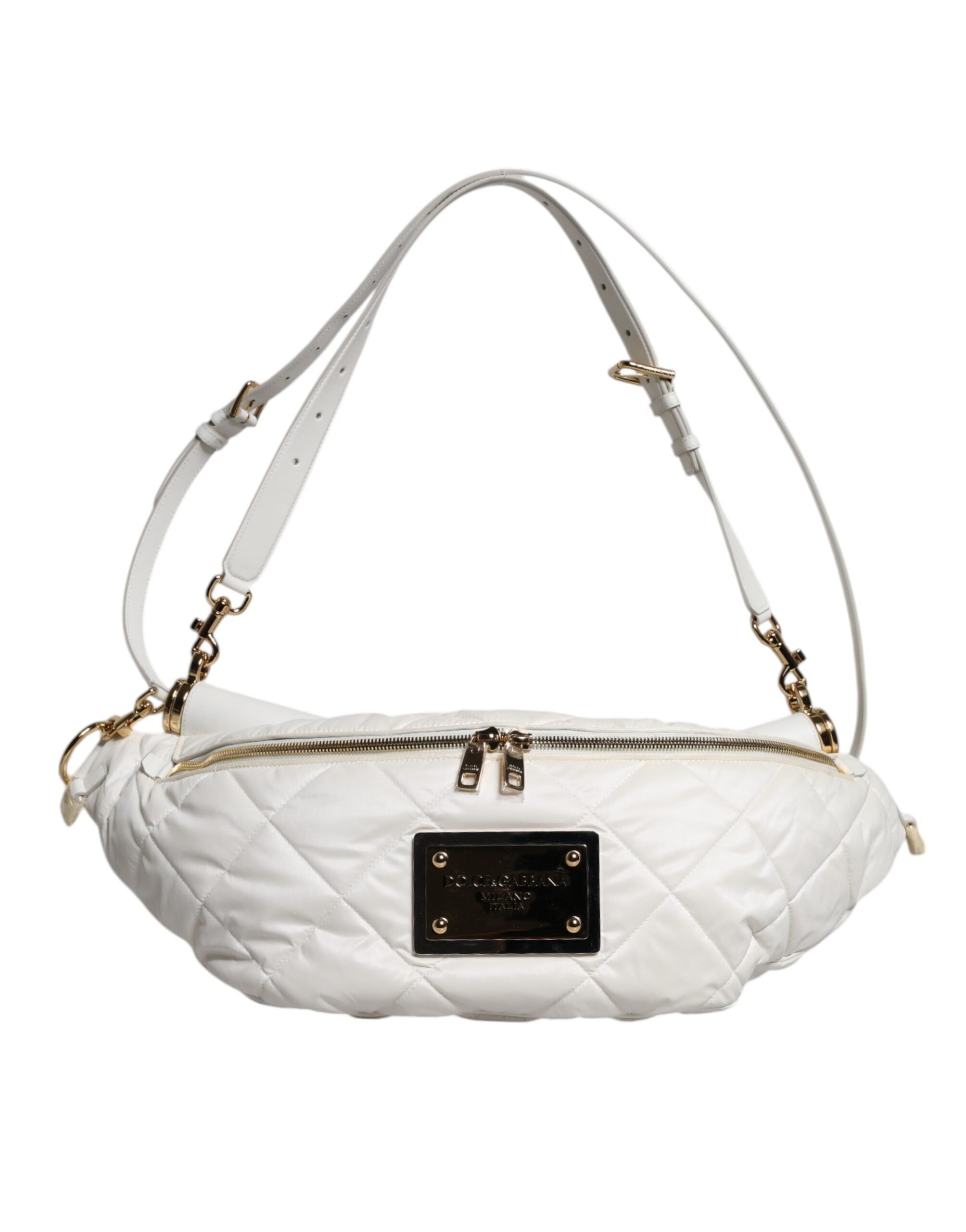 Dolce &amp; Gabbana Hvid Quiltet Logo Plaque Bælte Talje Fanny Pack Taske