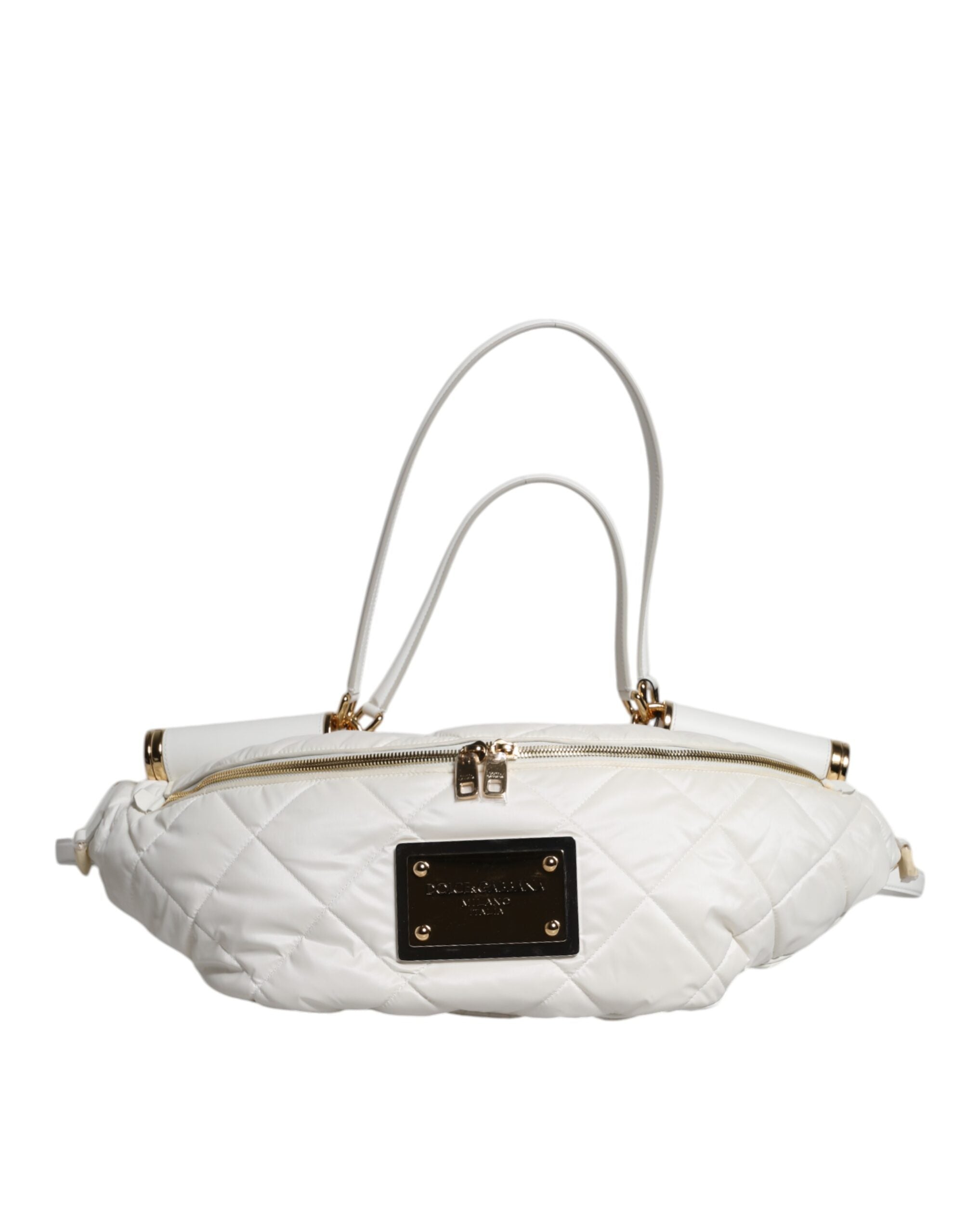 Dolce &amp; Gabbana Hvid Quiltet Logo Plaque Bælte Talje Fanny Pack Taske