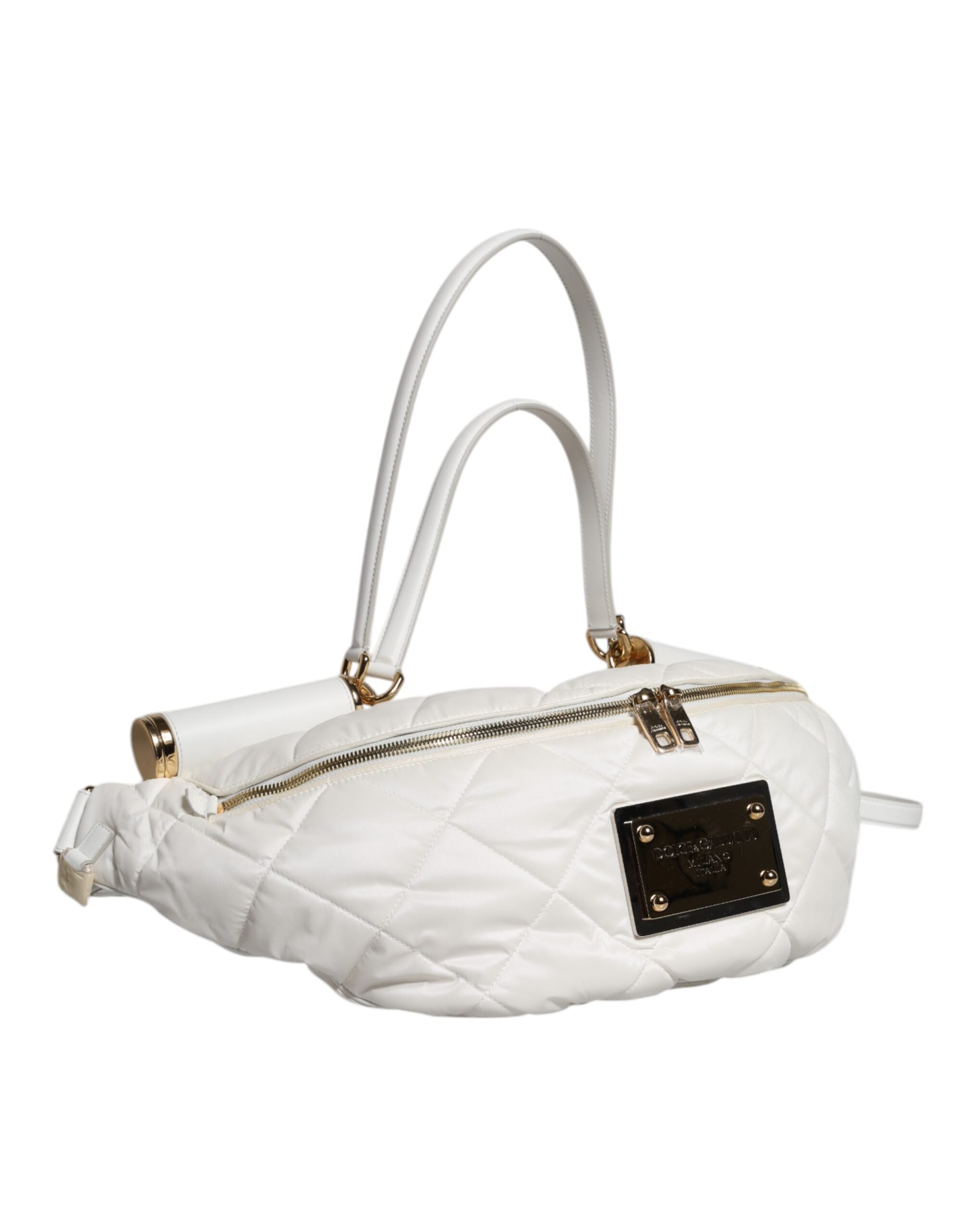 Dolce &amp; Gabbana Hvid Quiltet Logo Plaque Bælte Talje Fanny Pack Taske