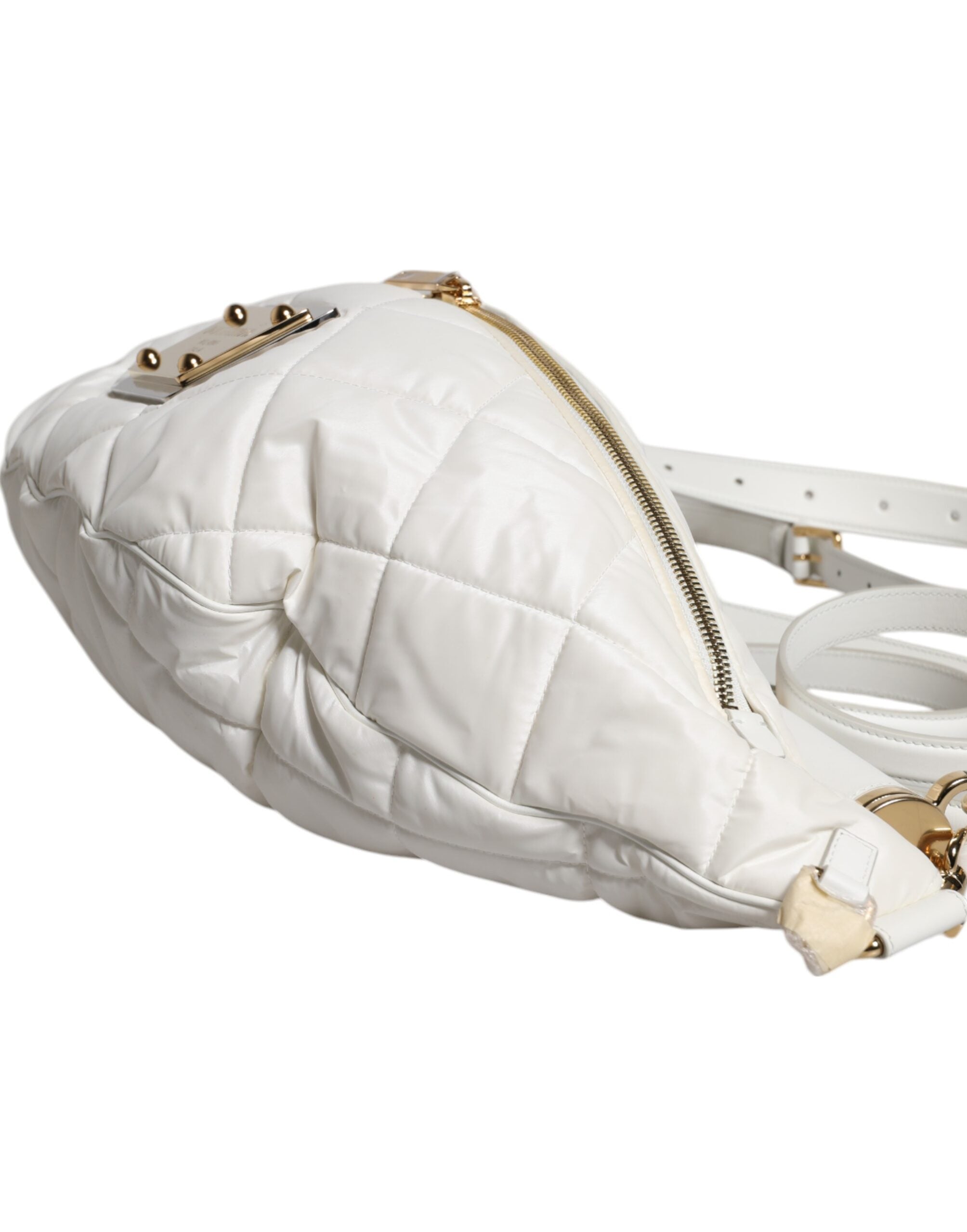 Dolce &amp; Gabbana Hvid Quiltet Logo Plaque Bælte Talje Fanny Pack Taske