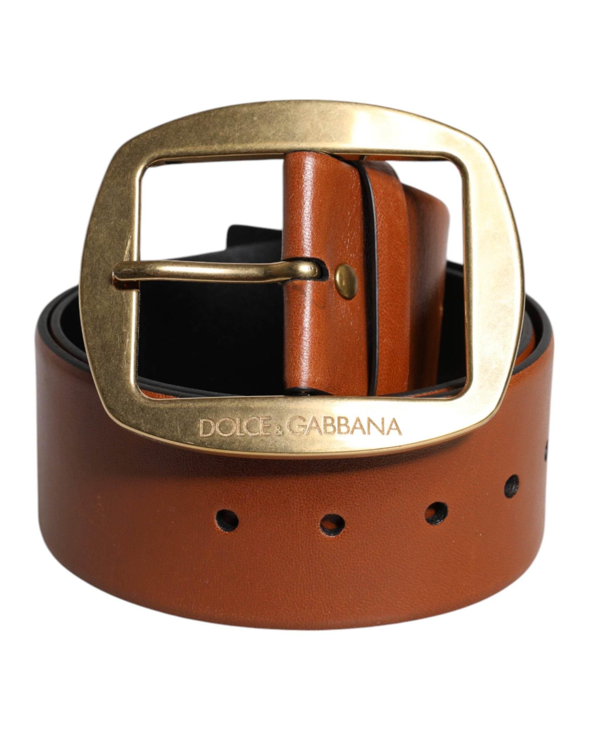 Dolce & Gabbana Brown Leather Gold Metal Buckle Classic Belt - Hilstor