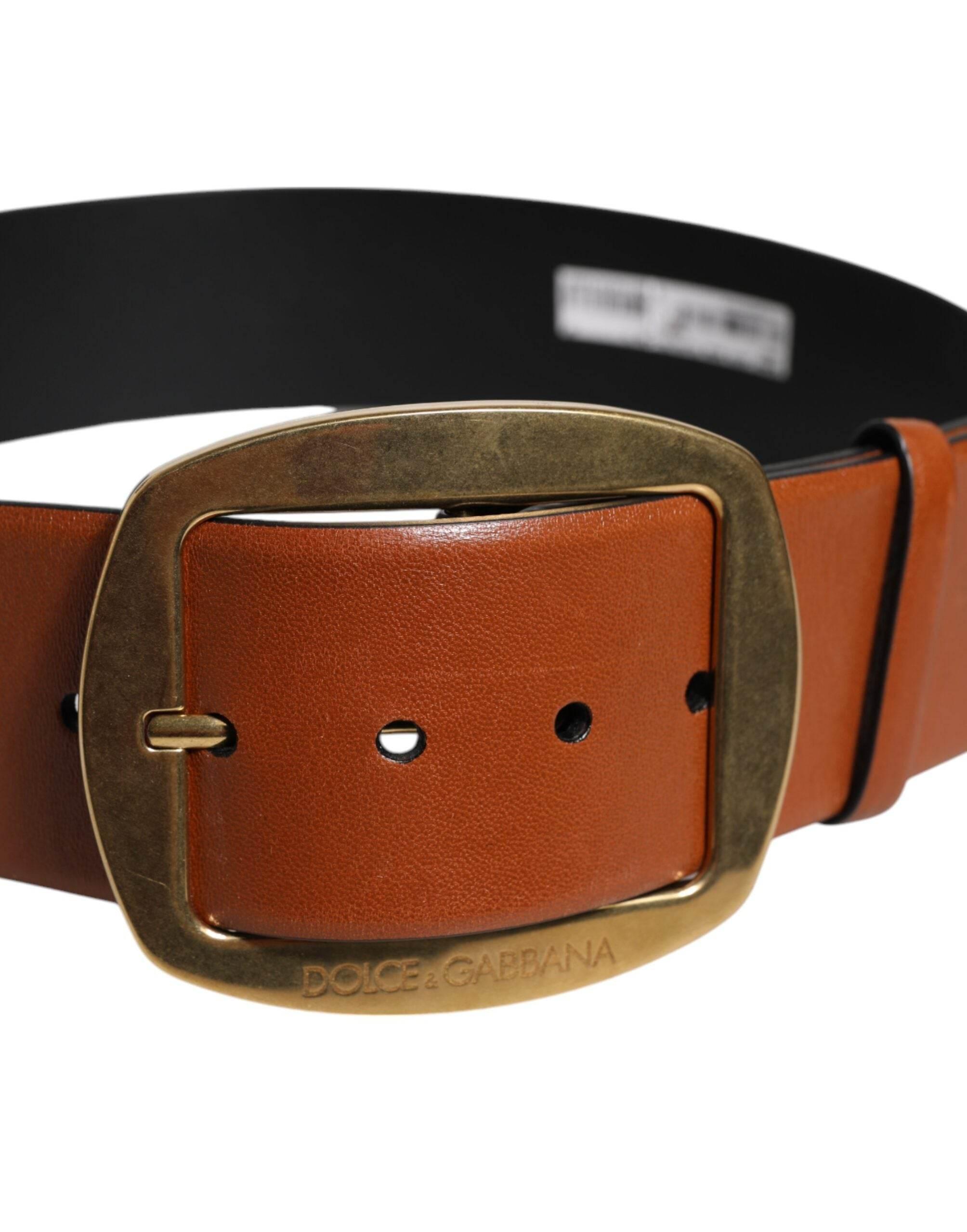 Dolce & Gabbana Brown Leather Gold Metal Buckle Classic Belt - Hilstor