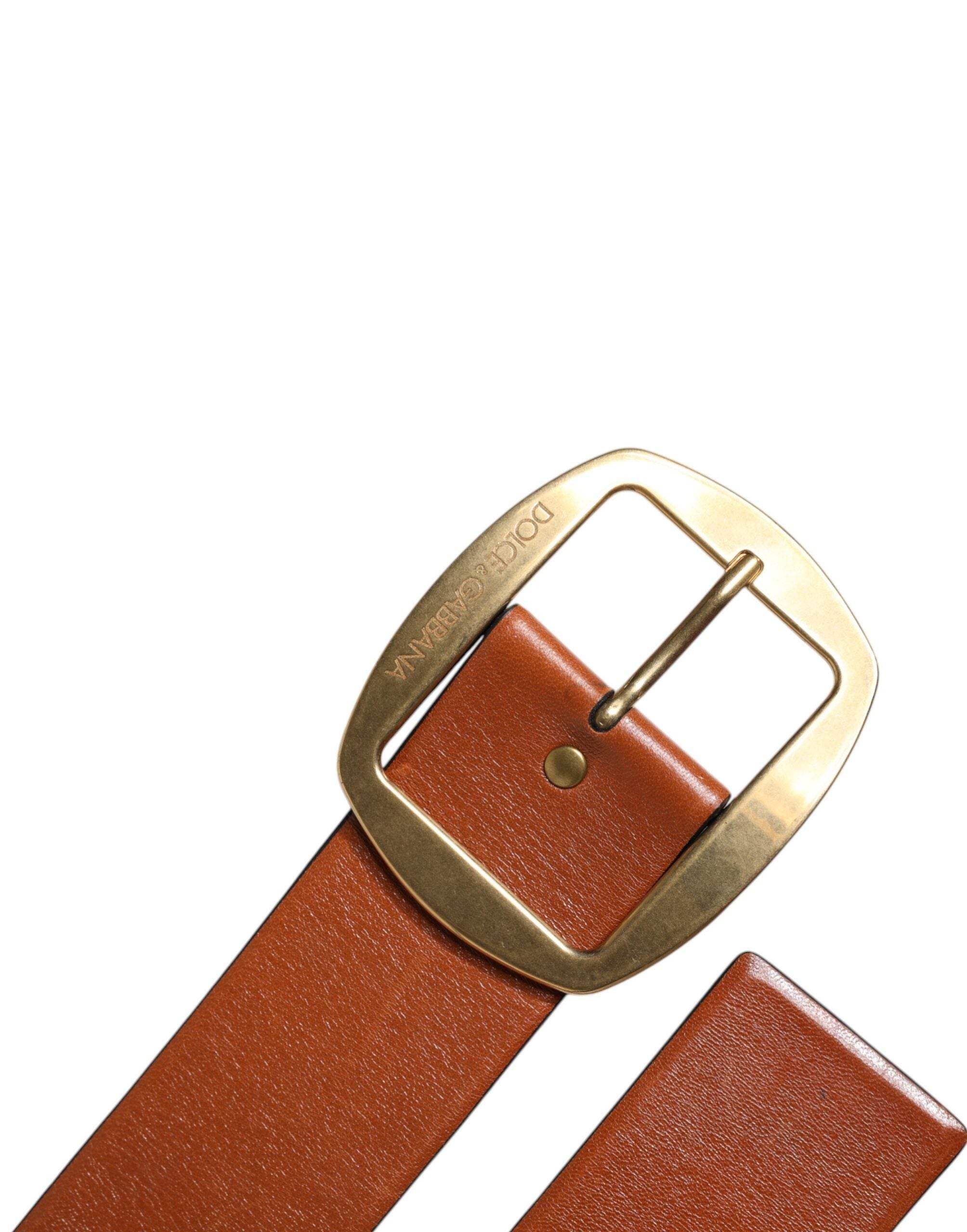 Dolce & Gabbana Brown Leather Gold Metal Buckle Classic Belt - Hilstor