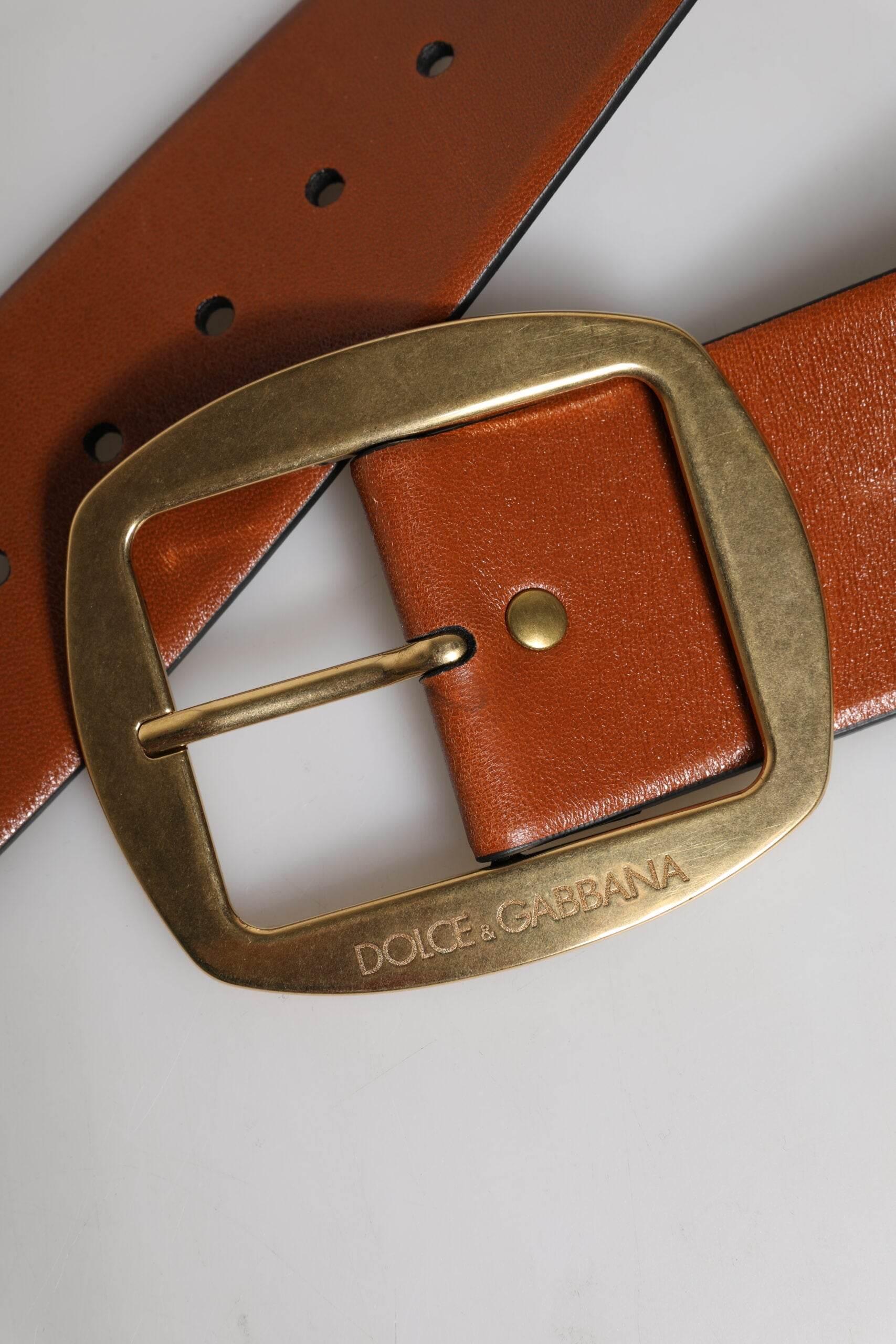 Dolce & Gabbana Brown Leather Gold Metal Buckle Classic Belt - Hilstor