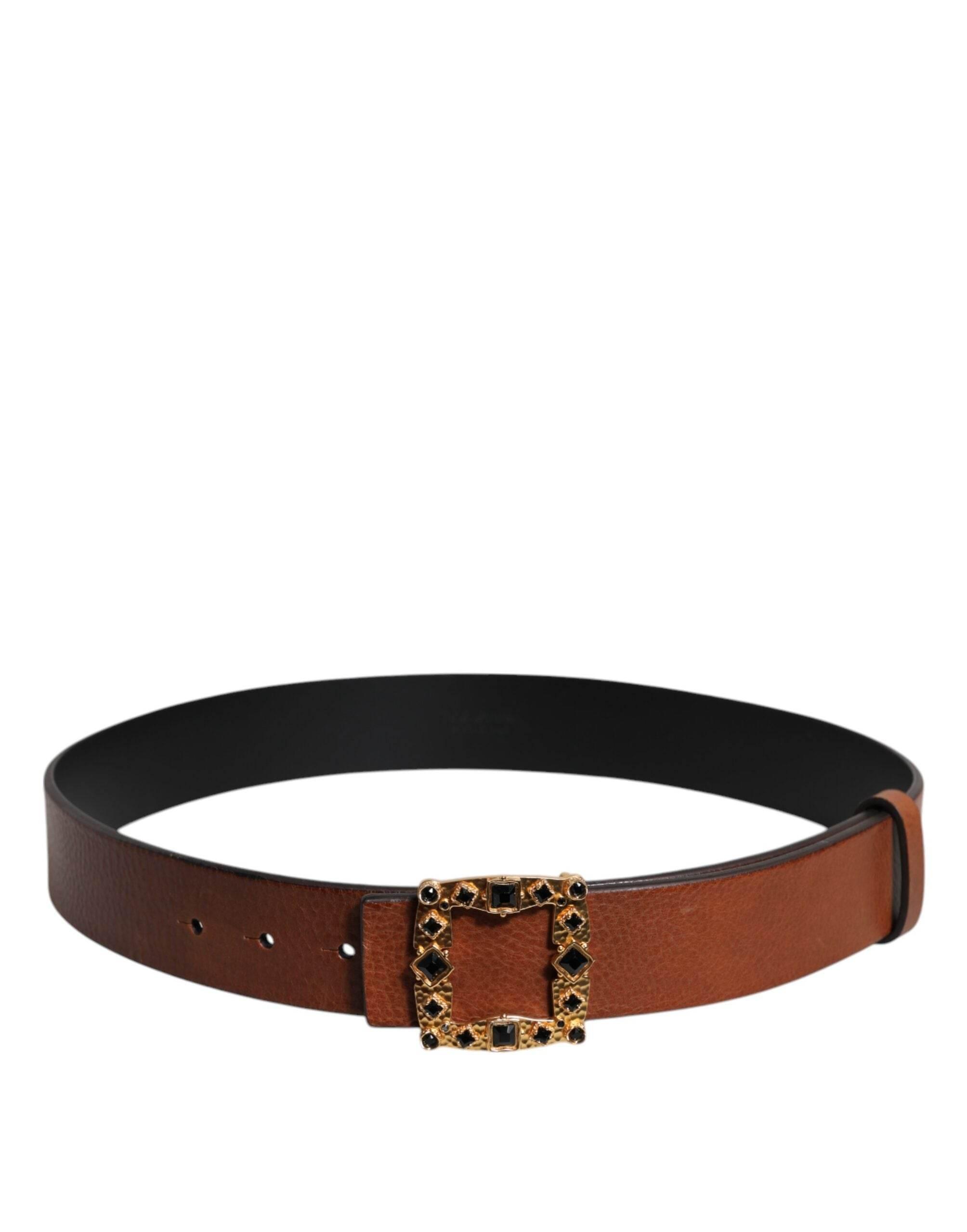 Dolce & Gabbana Brown Leather Gold Crystal Buckle Belt - Hilstor