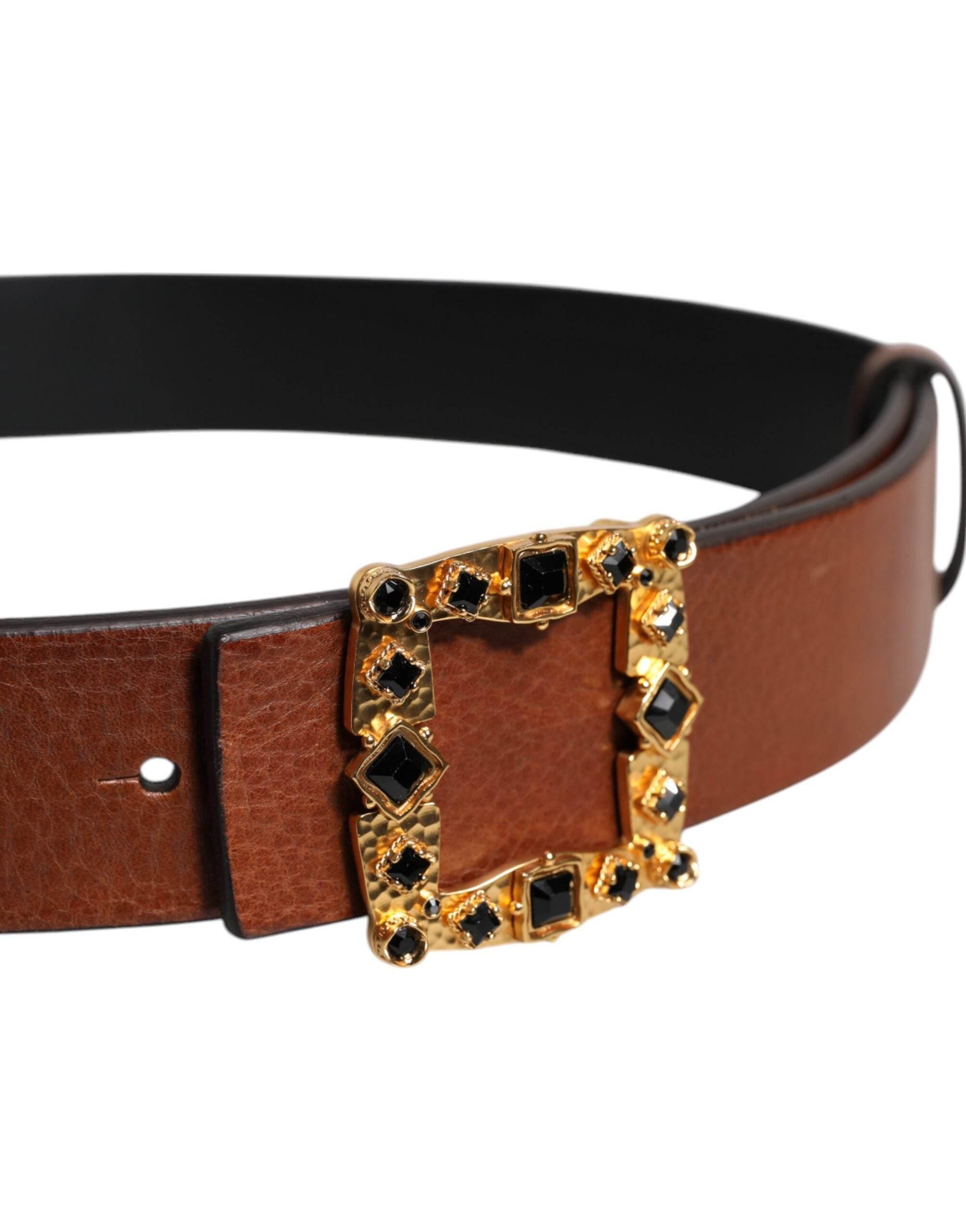 Dolce & Gabbana Brown Leather Gold Crystal Buckle Belt - Hilstor