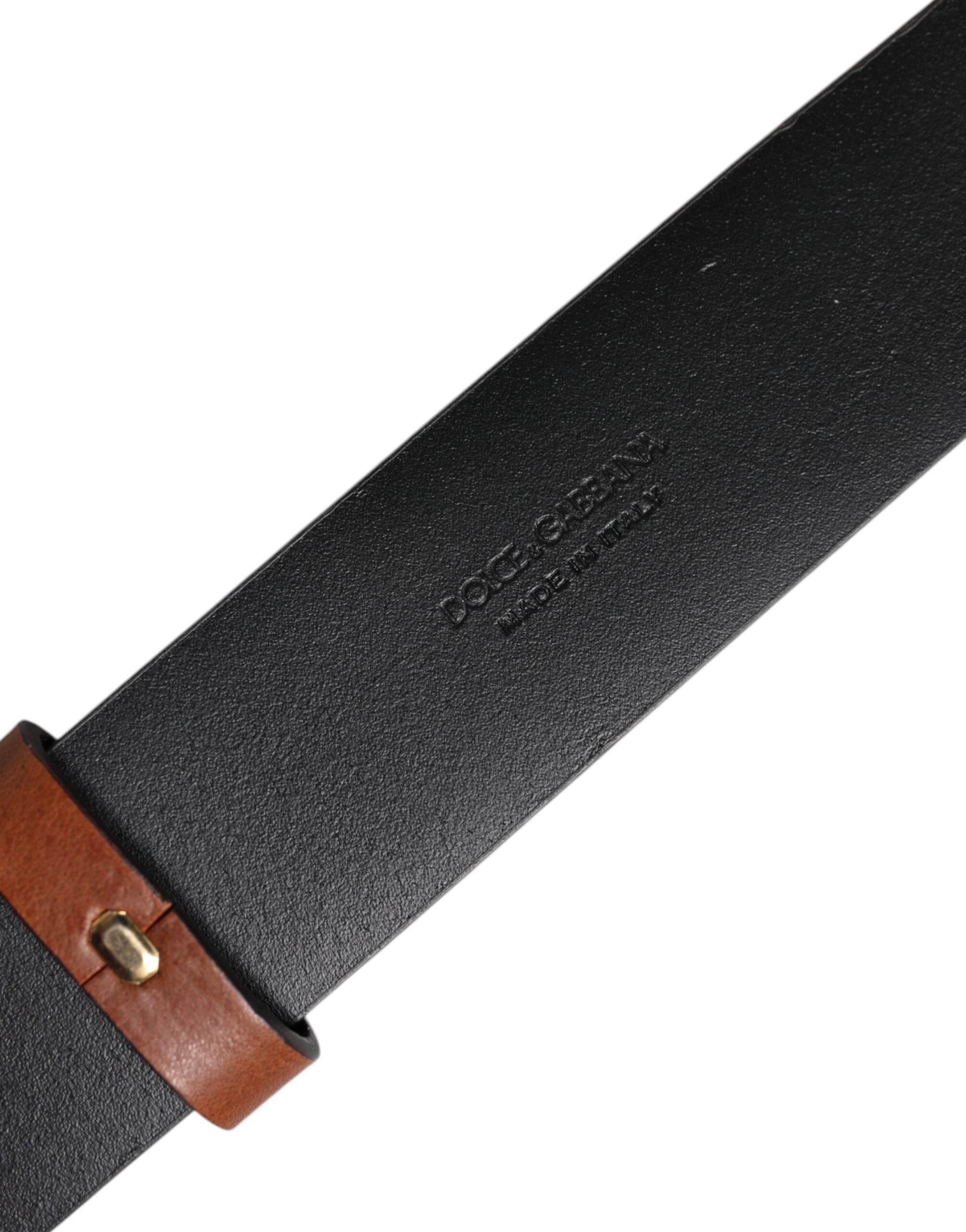 Dolce & Gabbana Brown Leather Gold Crystal Buckle Belt - Hilstor