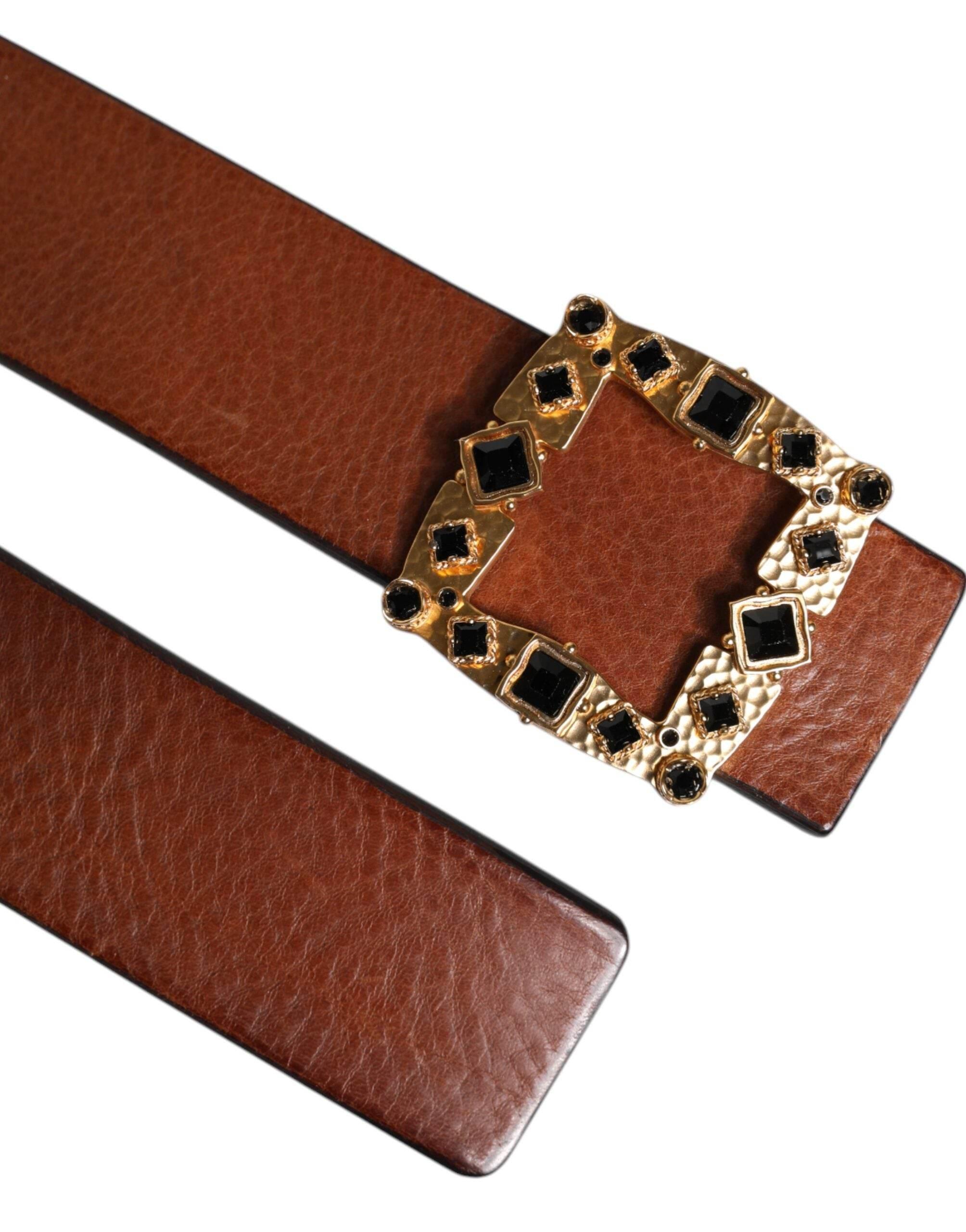 Dolce & Gabbana Brown Leather Gold Crystal Buckle Belt - Hilstor