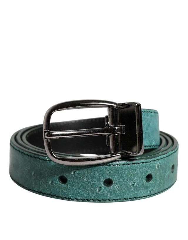 Dolce & Gabbana Green Ostrich Leather Silver Metal Buckle Belt - Hilstor