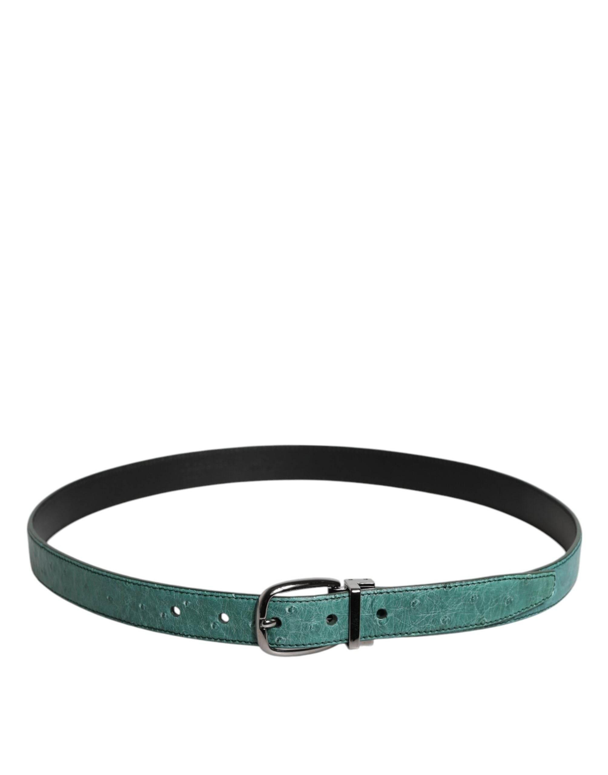 Dolce & Gabbana Green Ostrich Leather Silver Metal Buckle Belt - Hilstor