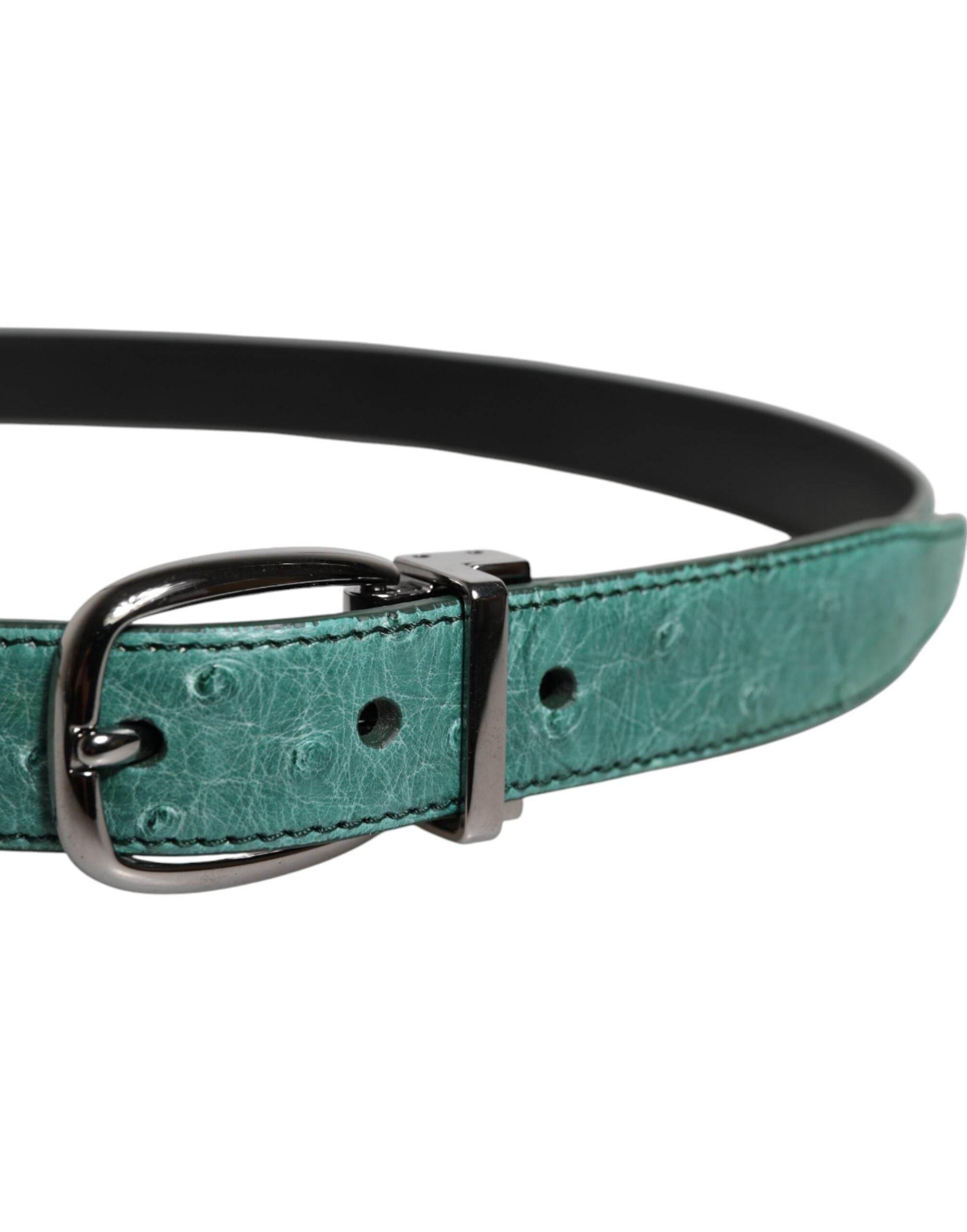 Dolce & Gabbana Green Ostrich Leather Silver Metal Buckle Belt - Hilstor