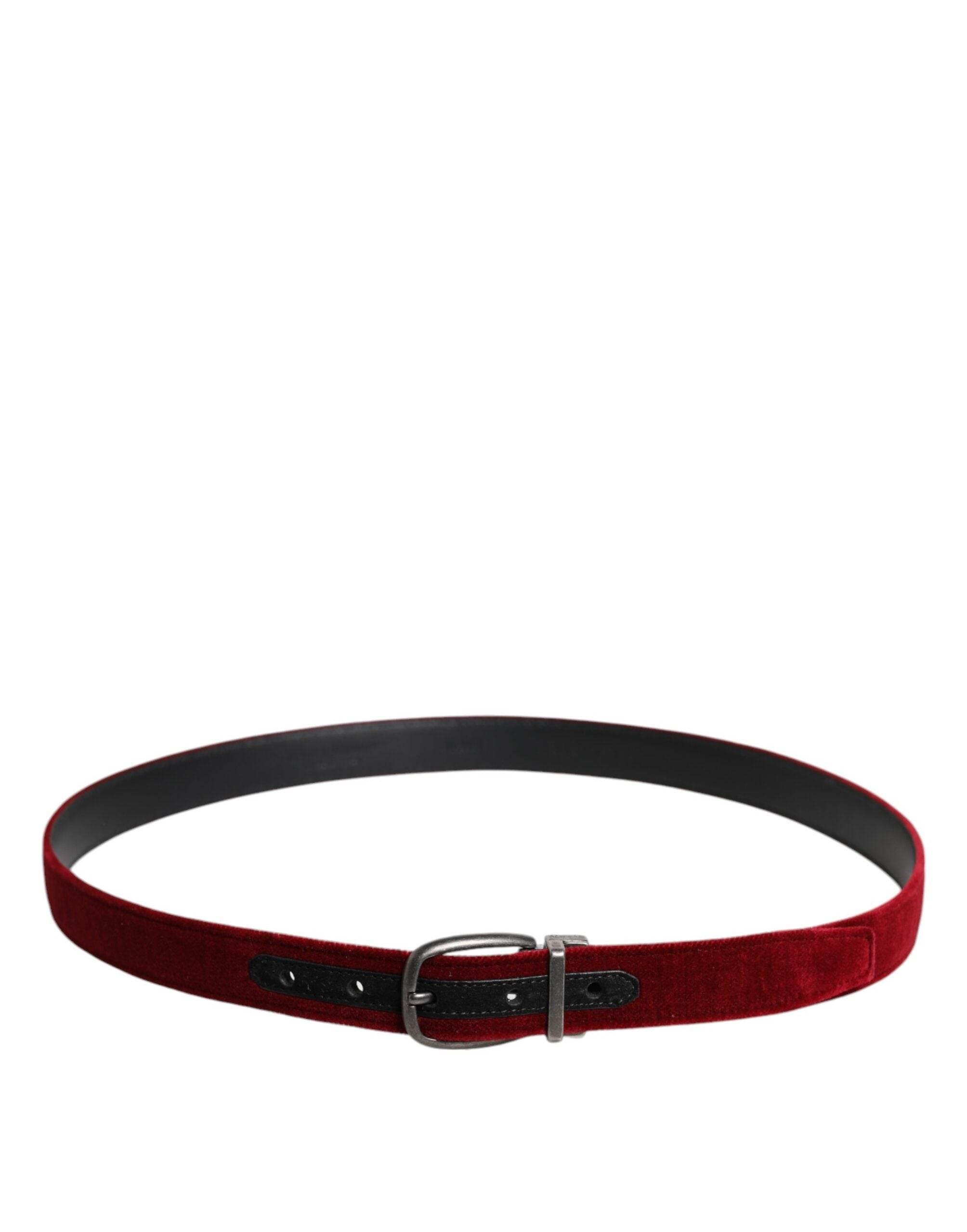 Dolce & Gabbana Red Velvet Black Metal Buckle Logo Belt - Hilstor