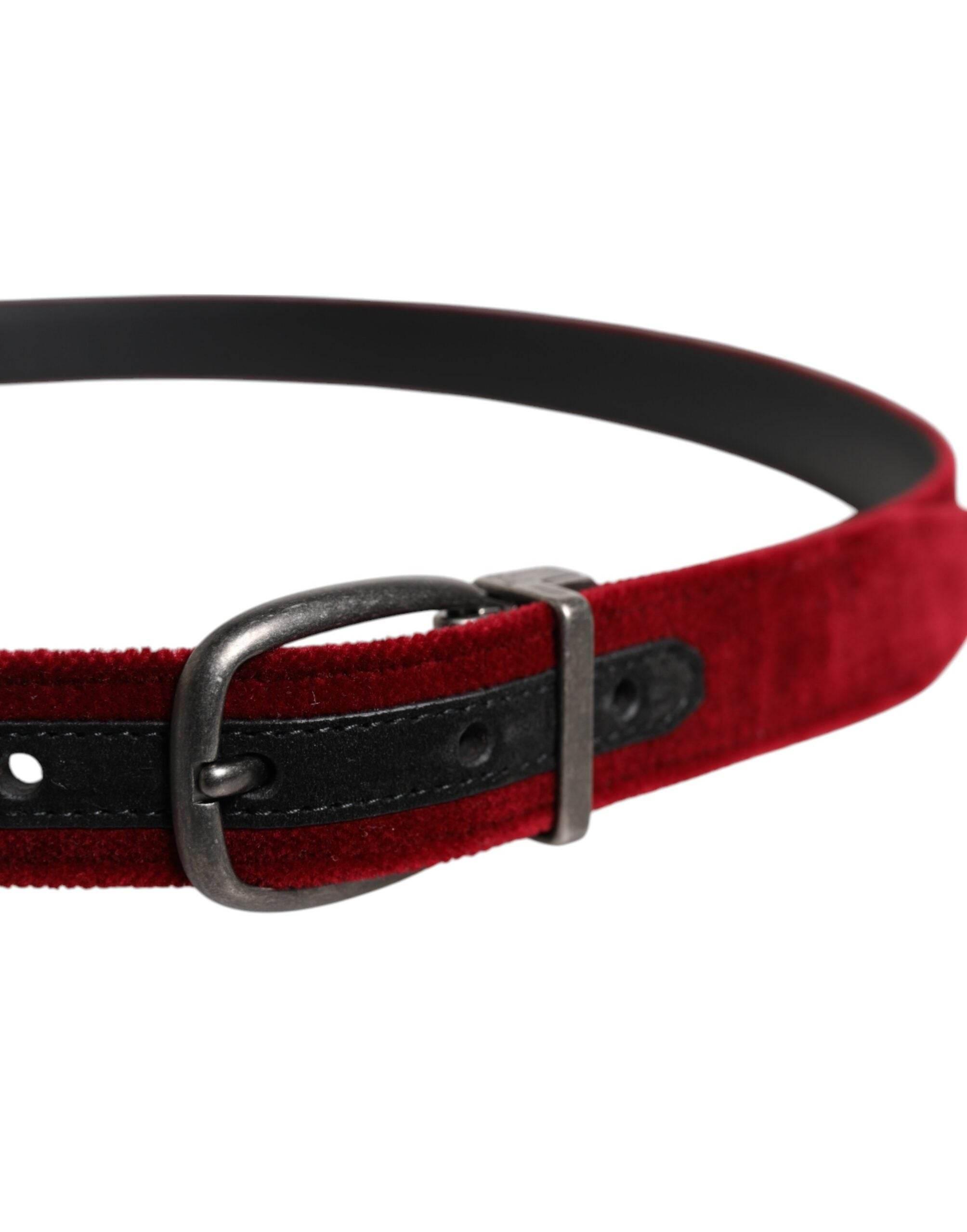 Dolce & Gabbana Red Velvet Black Metal Buckle Logo Belt - Hilstor