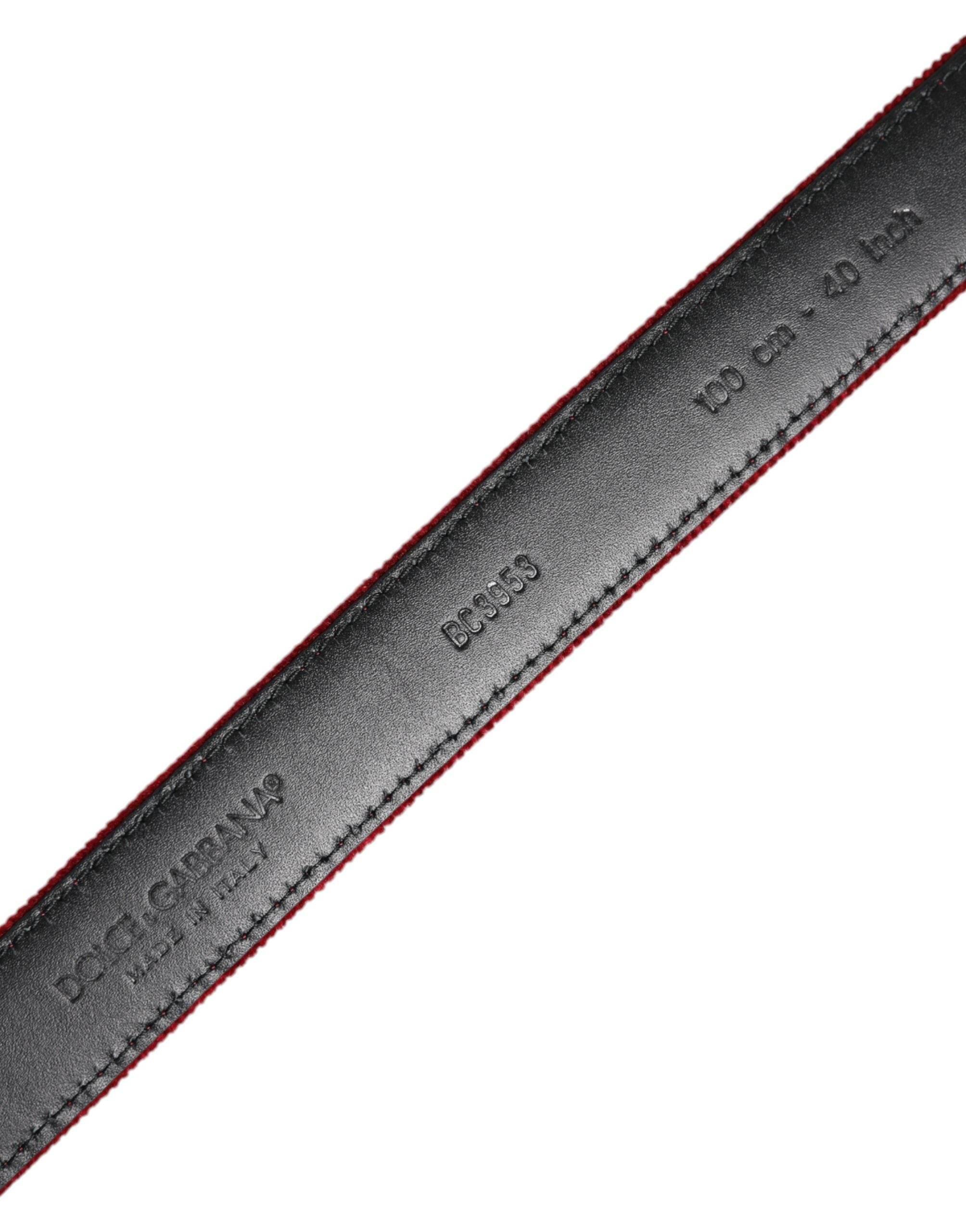 Dolce & Gabbana Red Velvet Black Metal Buckle Logo Belt - Hilstor
