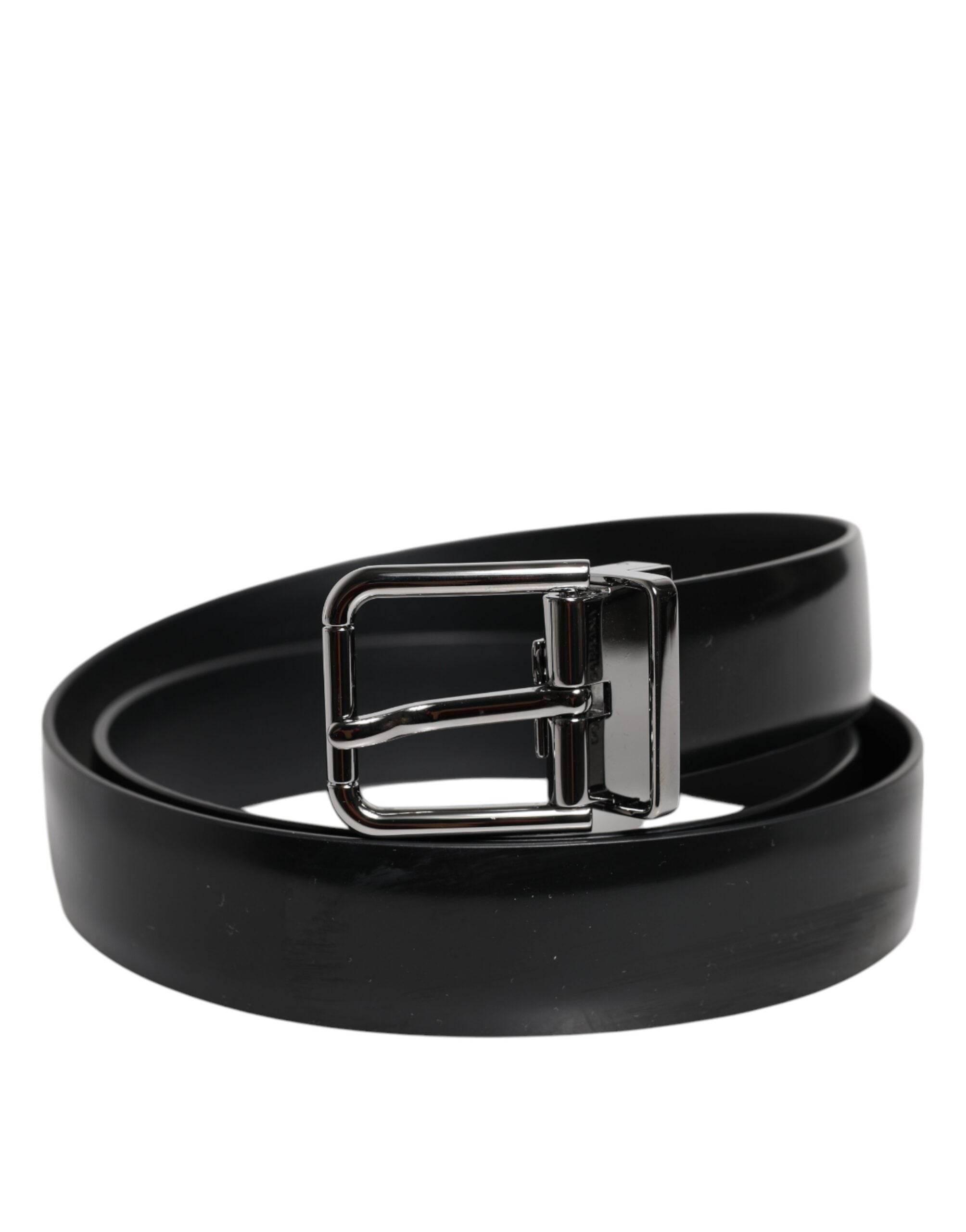 Dolce & Gabbana Black Shiny Leather Silver Metal Buckle Belt - Hilstor