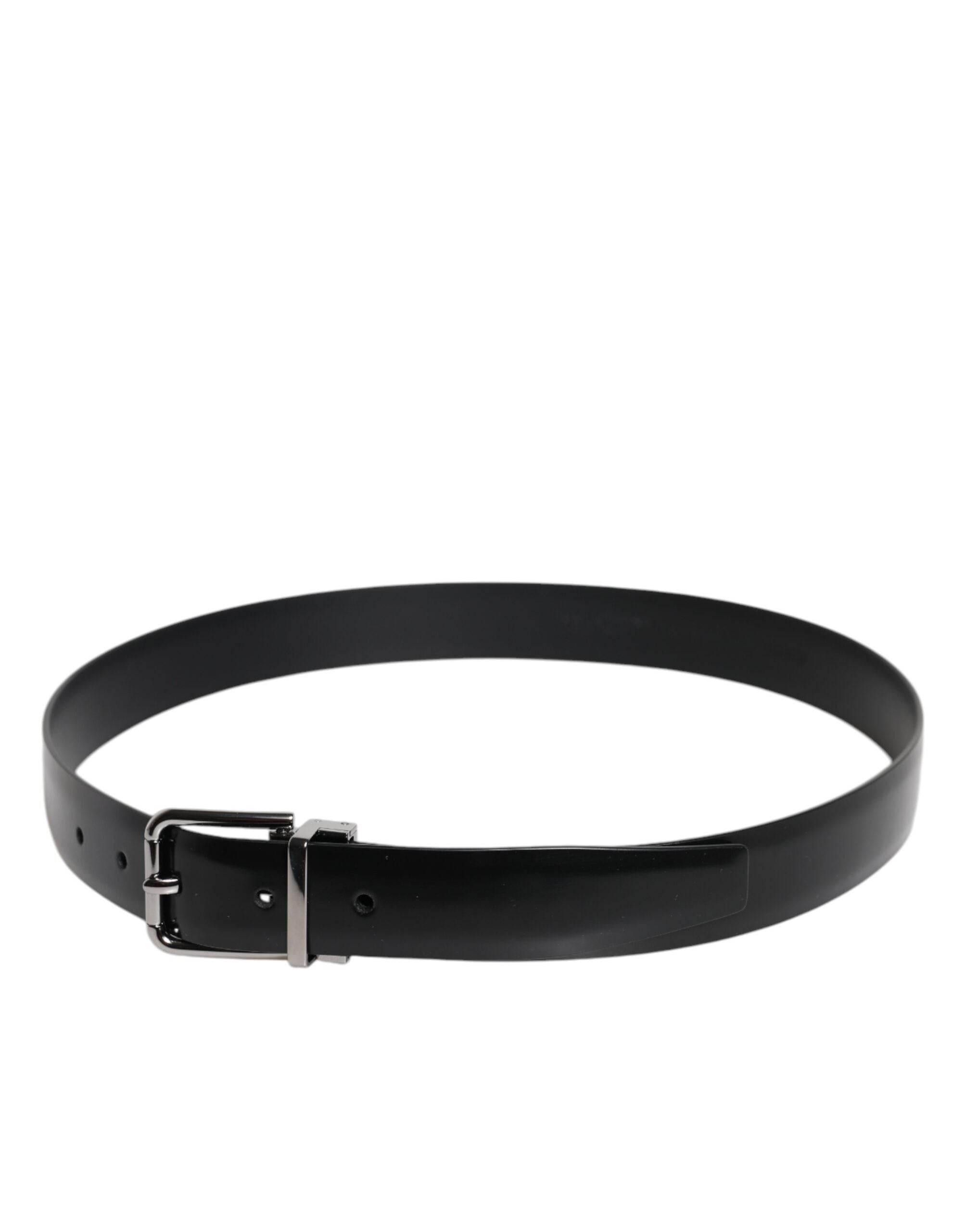 Dolce & Gabbana Black Shiny Leather Silver Metal Buckle Belt - Hilstor