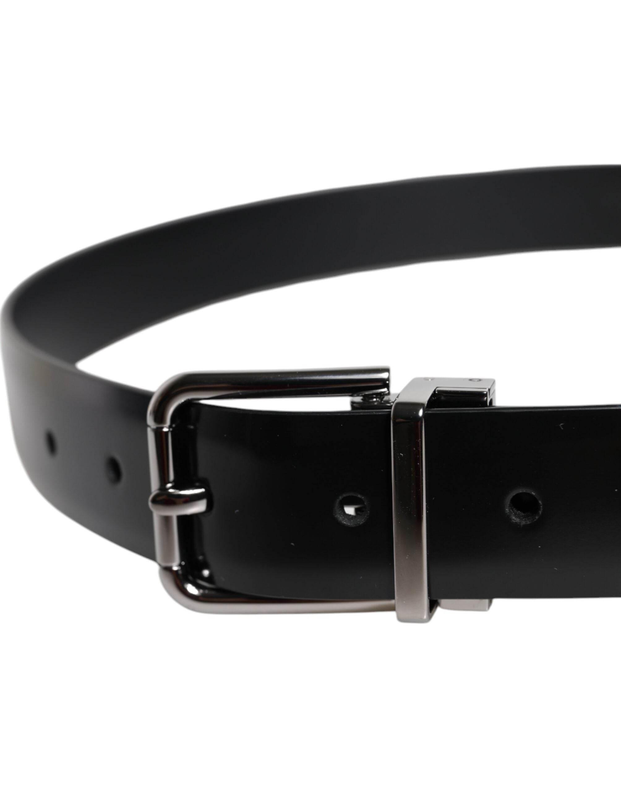 Dolce & Gabbana Black Shiny Leather Silver Metal Buckle Belt - Hilstor