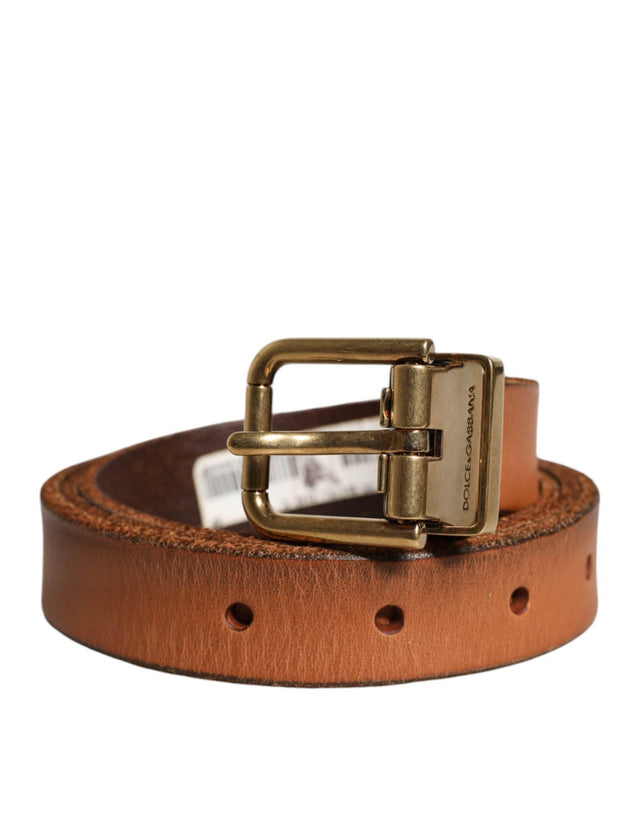 Dolce & Gabbana Brown Leather Gold Tone Metal Buckle Belt - Hilstor