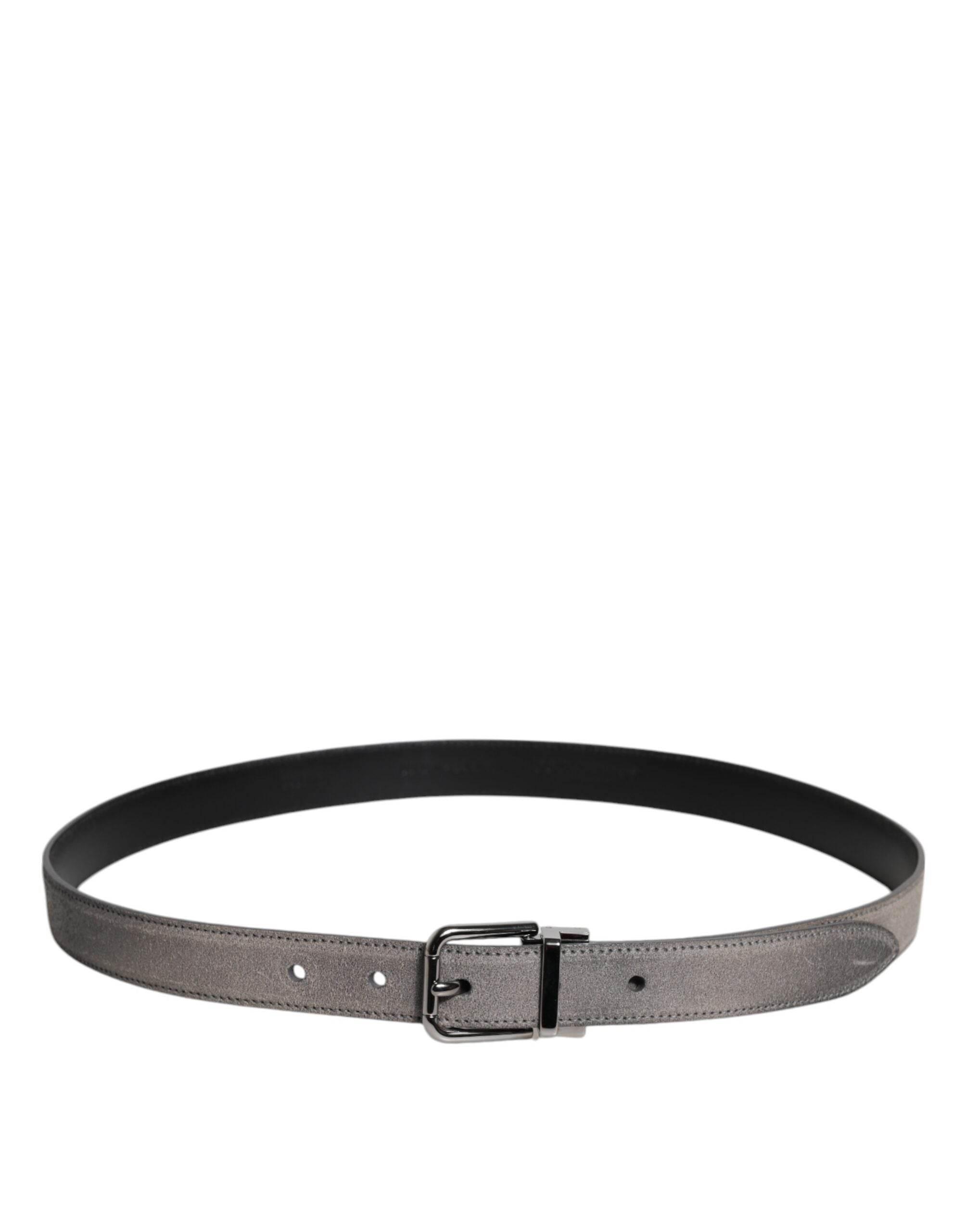 Dolce & Gabbana Gray Leather Silver Tone Metal Buckle Belt - Hilstor