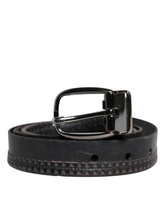 Dolce & Gabbana Black Leather Silver Tone Metal Buckle Belt - Hilstor
