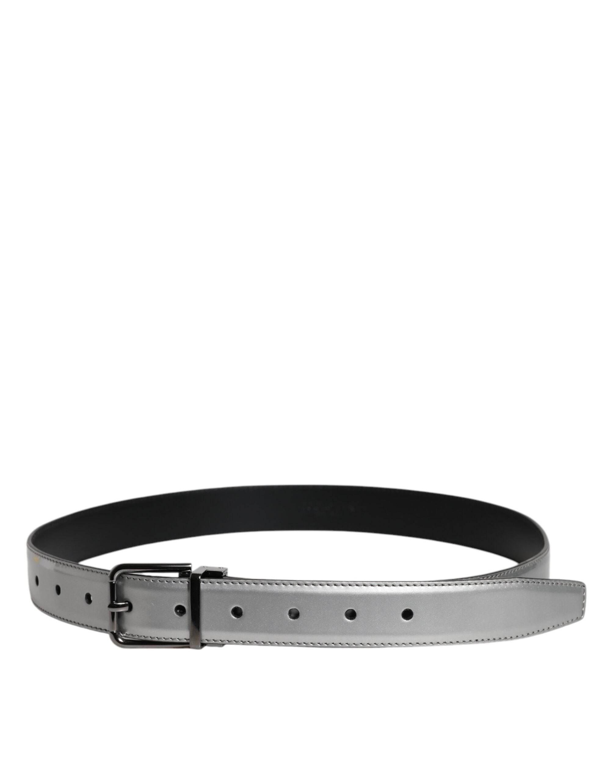 Dolce & Gabbana Silver Leather Classic Metal Logo Buckle Belt - Hilstor