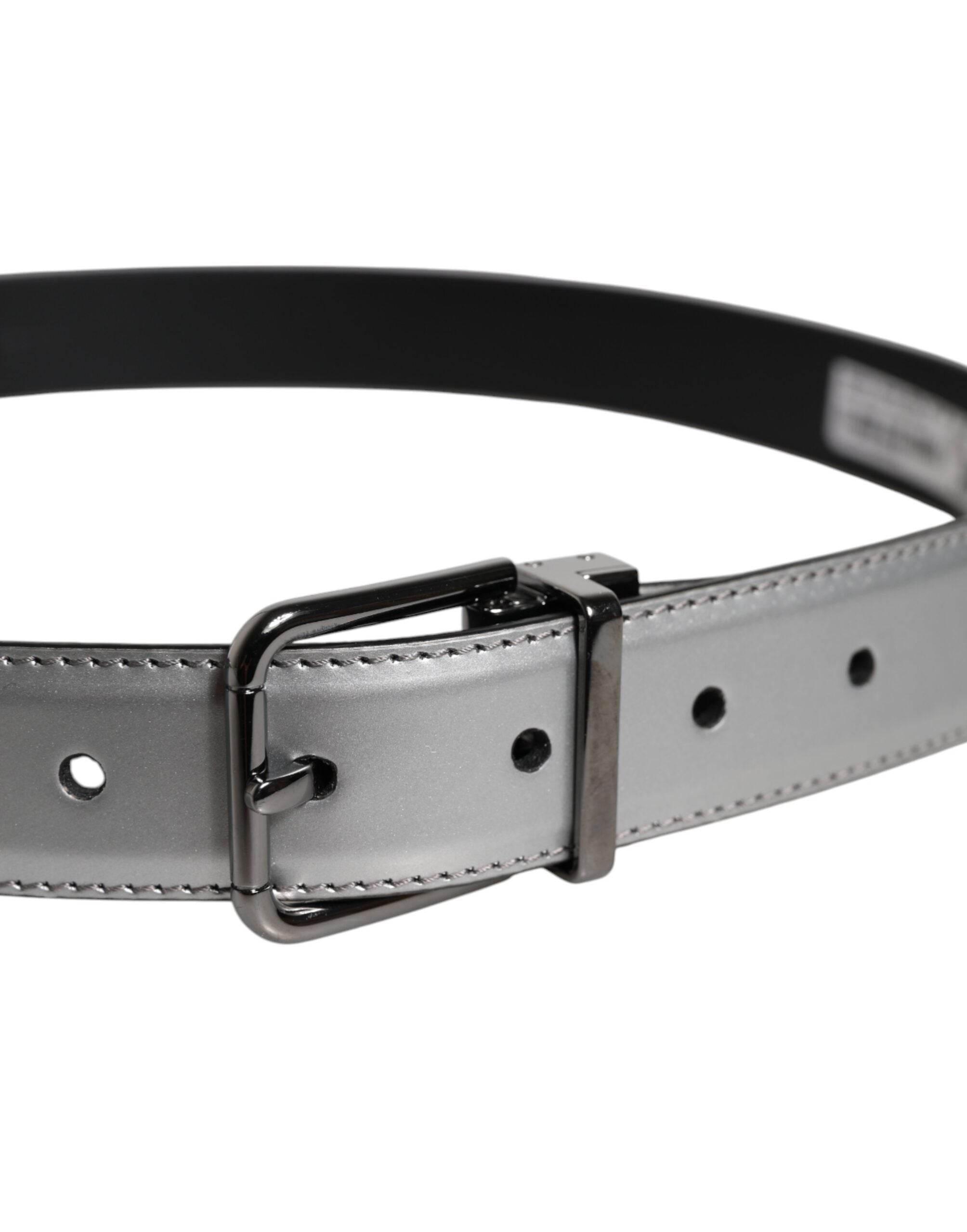 Dolce & Gabbana Silver Leather Classic Metal Logo Buckle Belt - Hilstor