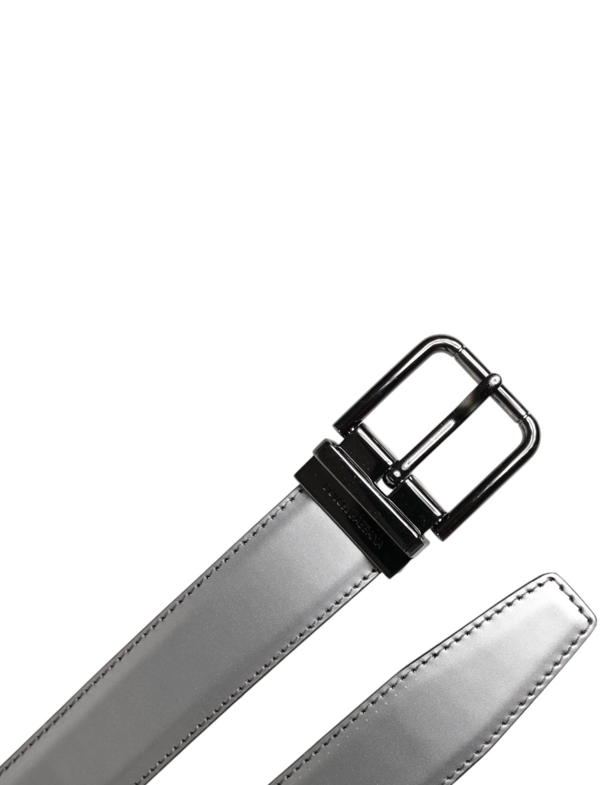 Dolce & Gabbana Silver Leather Classic Metal Logo Buckle Belt - Hilstor