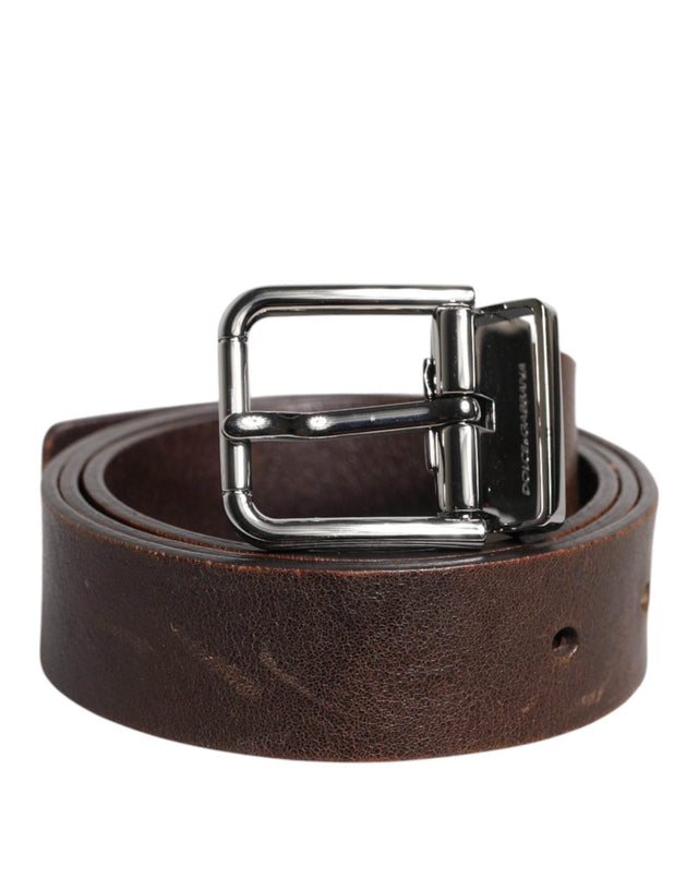 Dolce & Gabbana Brown Leather Classic Metal Logo Buckle Belt - Hilstor