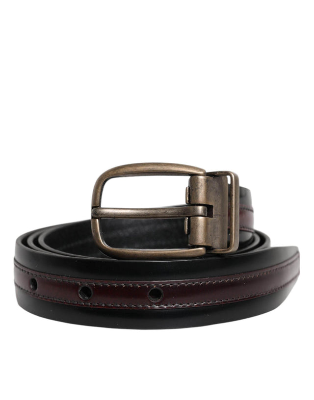 Dolce & Gabbana Black Burgundy Calfskin Metal Logo Buckle Belt - Hilstor