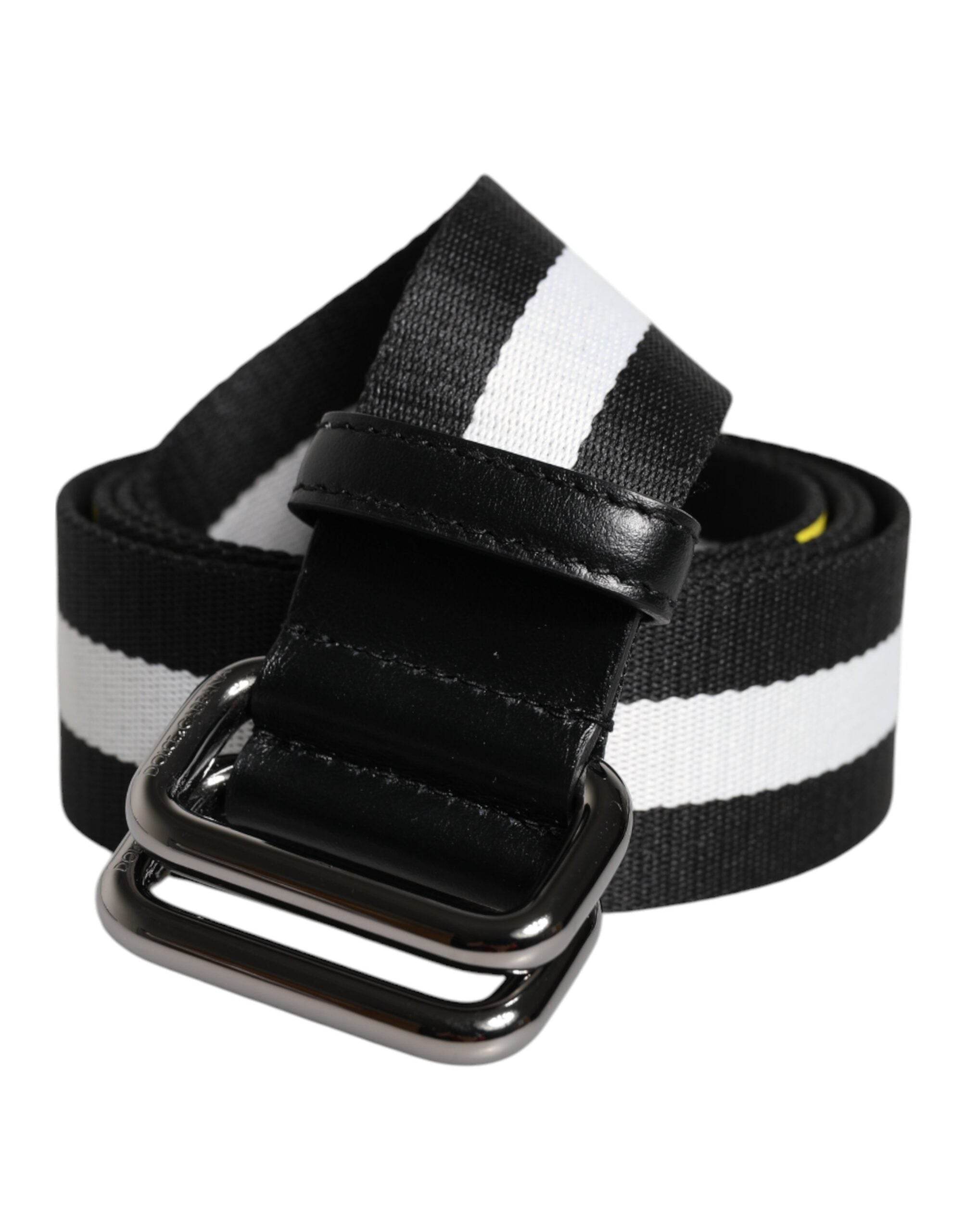 Dolce & Gabbana Black Yellow Logo Striped Metal Buckle Belt - Hilstor