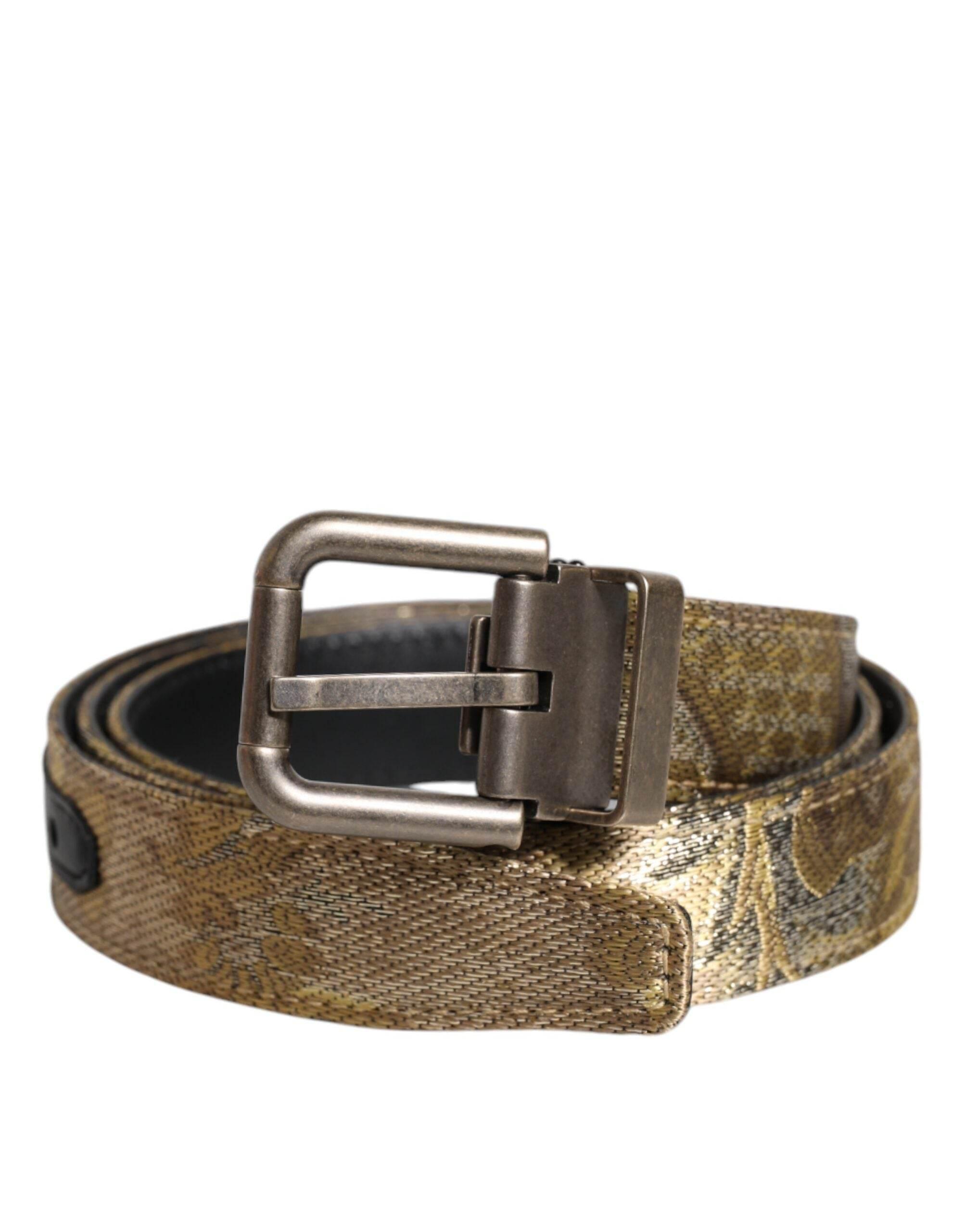 Dolce & Gabbana Gold Leather Jacquard Silver Metal Buckle Belt - Hilstor