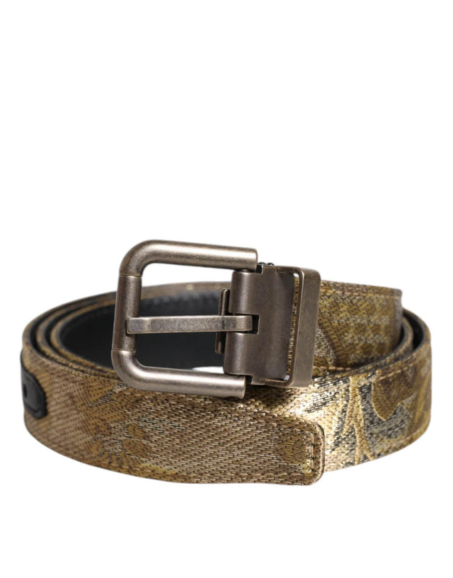 Dolce & Gabbana Gold Leather Jacquard Silver Metal Buckle Belt - Hilstor