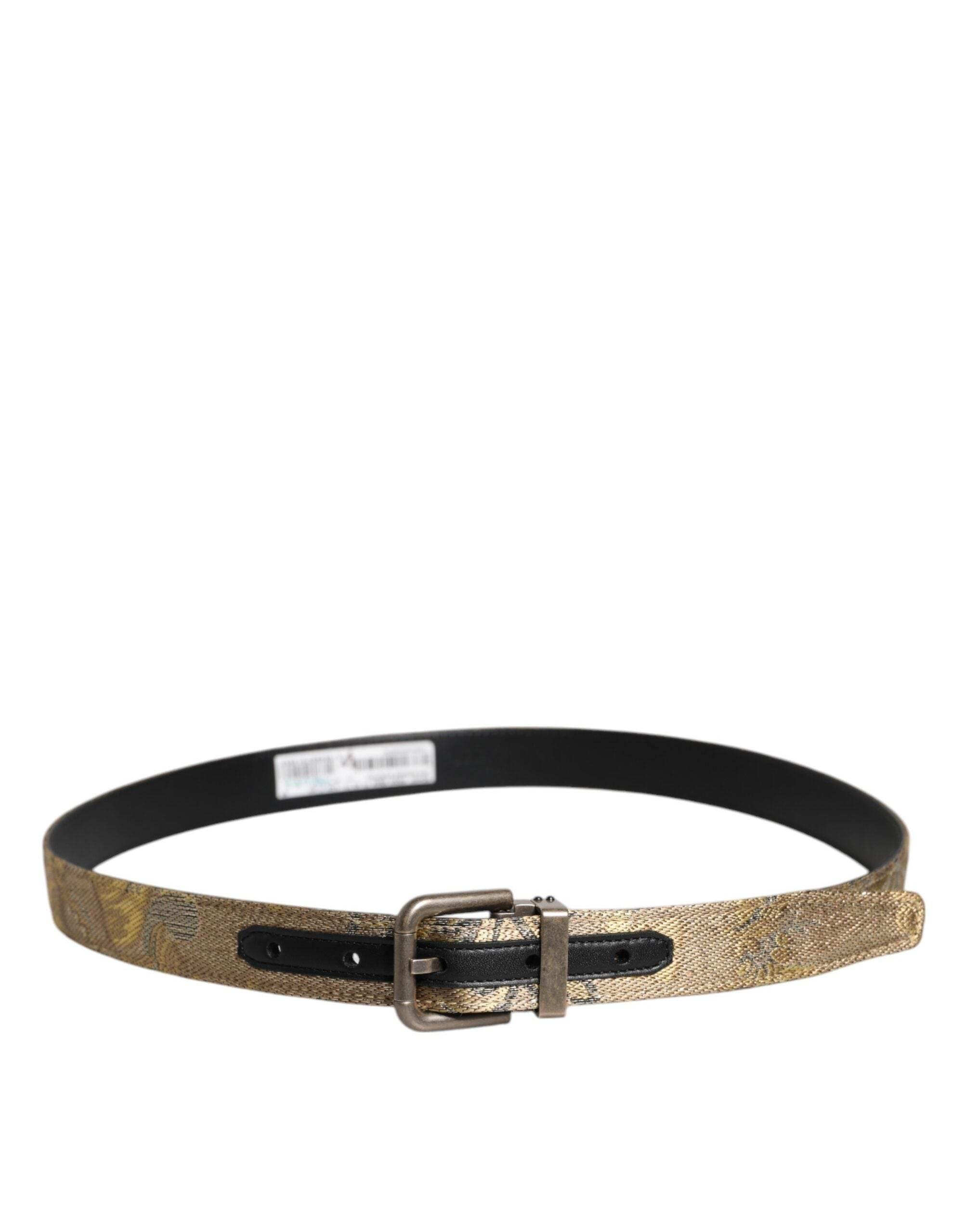 Dolce & Gabbana Gold Leather Jacquard Silver Metal Buckle Belt - Hilstor