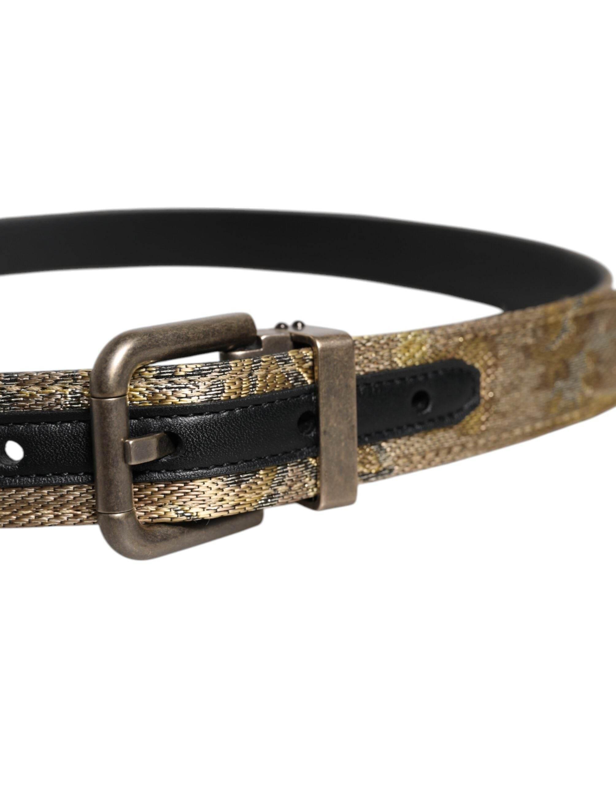 Dolce & Gabbana Gold Leather Jacquard Silver Metal Buckle Belt - Hilstor