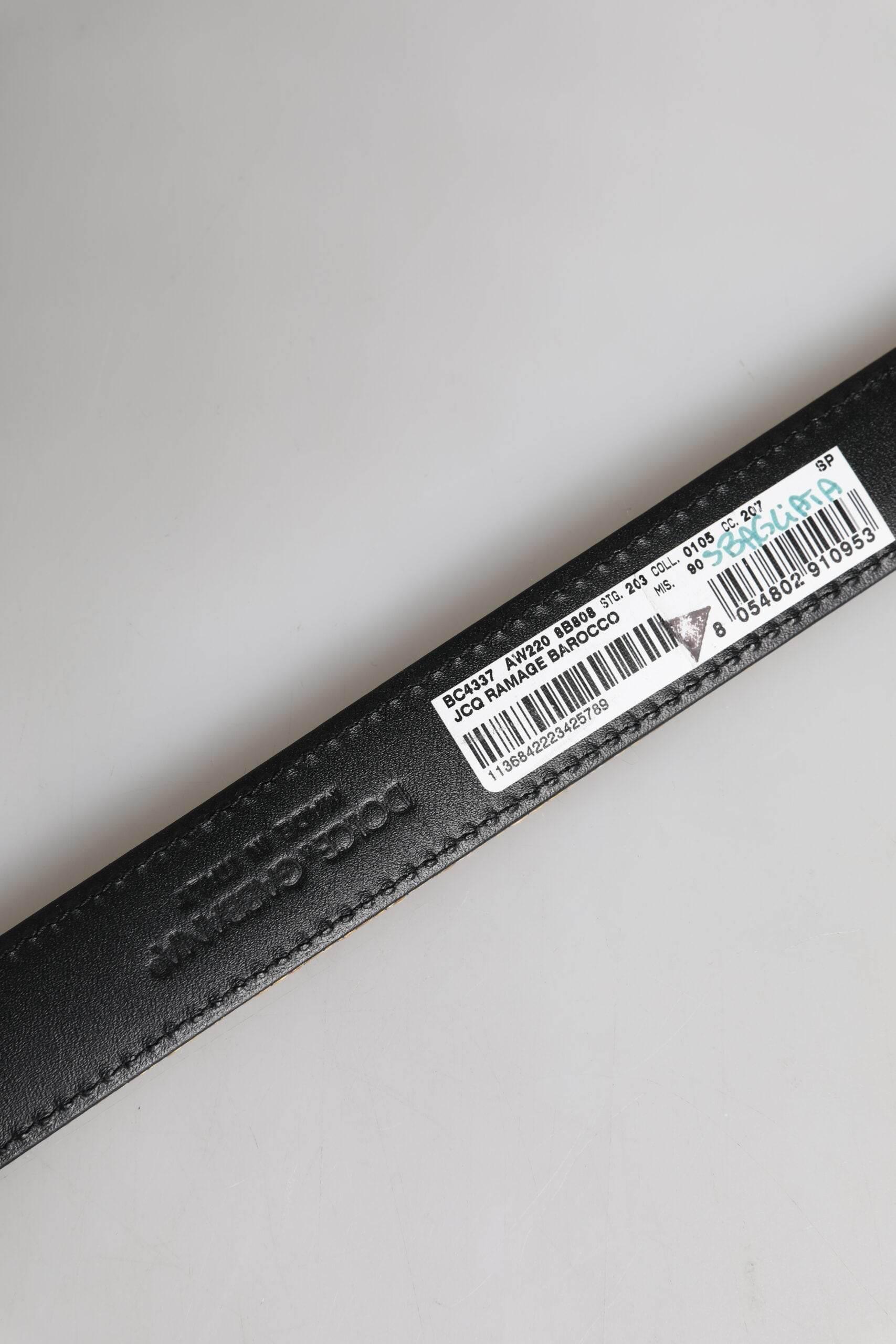 Dolce & Gabbana Gold Leather Jacquard Silver Metal Buckle Belt - Hilstor