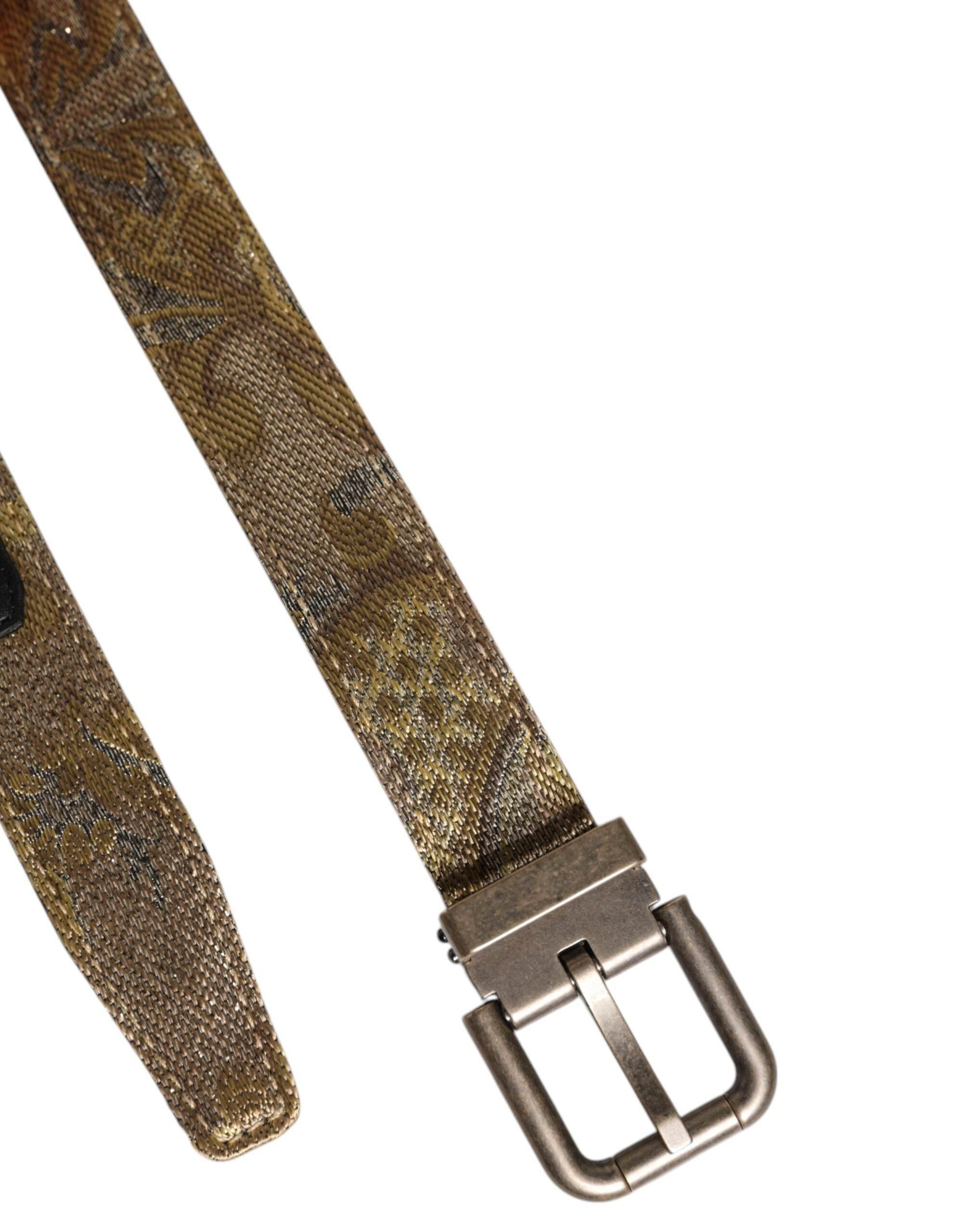 Dolce & Gabbana Gold Leather Jacquard Silver Metal Buckle Belt - Hilstor