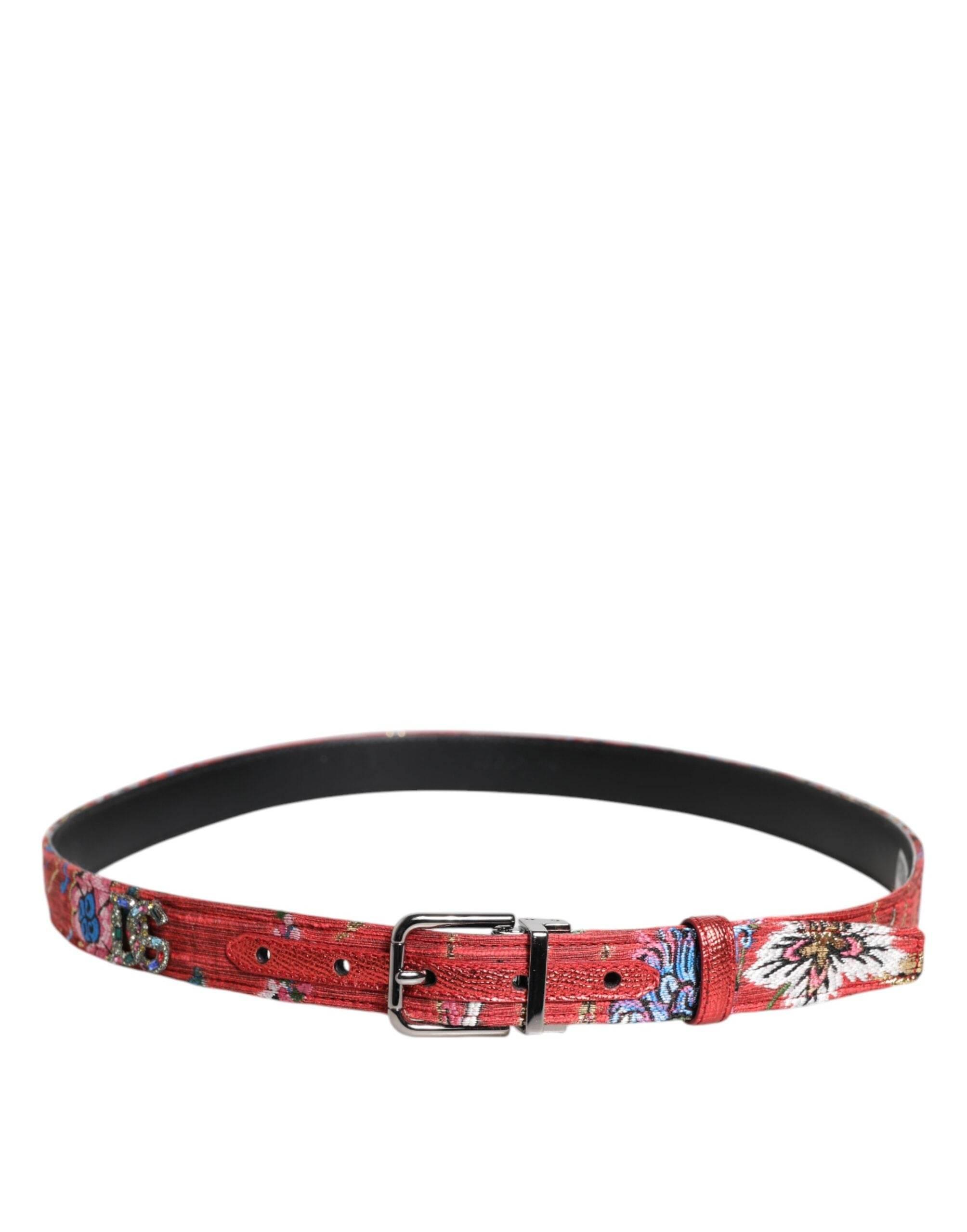 Dolce & Gabbana Red Floral DG Embellished Metal Buckle Belt - Hilstor