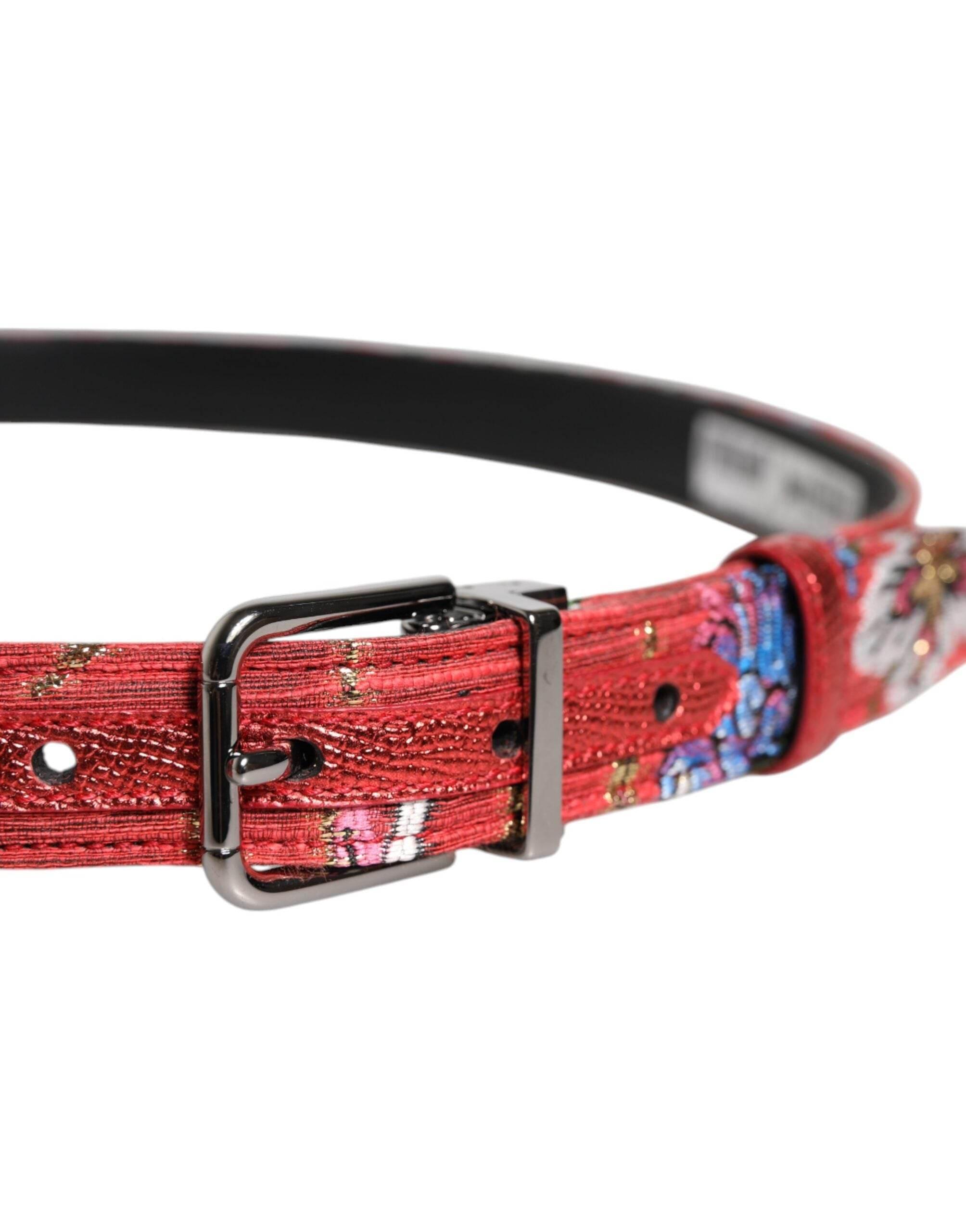 Dolce & Gabbana Red Floral DG Embellished Metal Buckle Belt - Hilstor