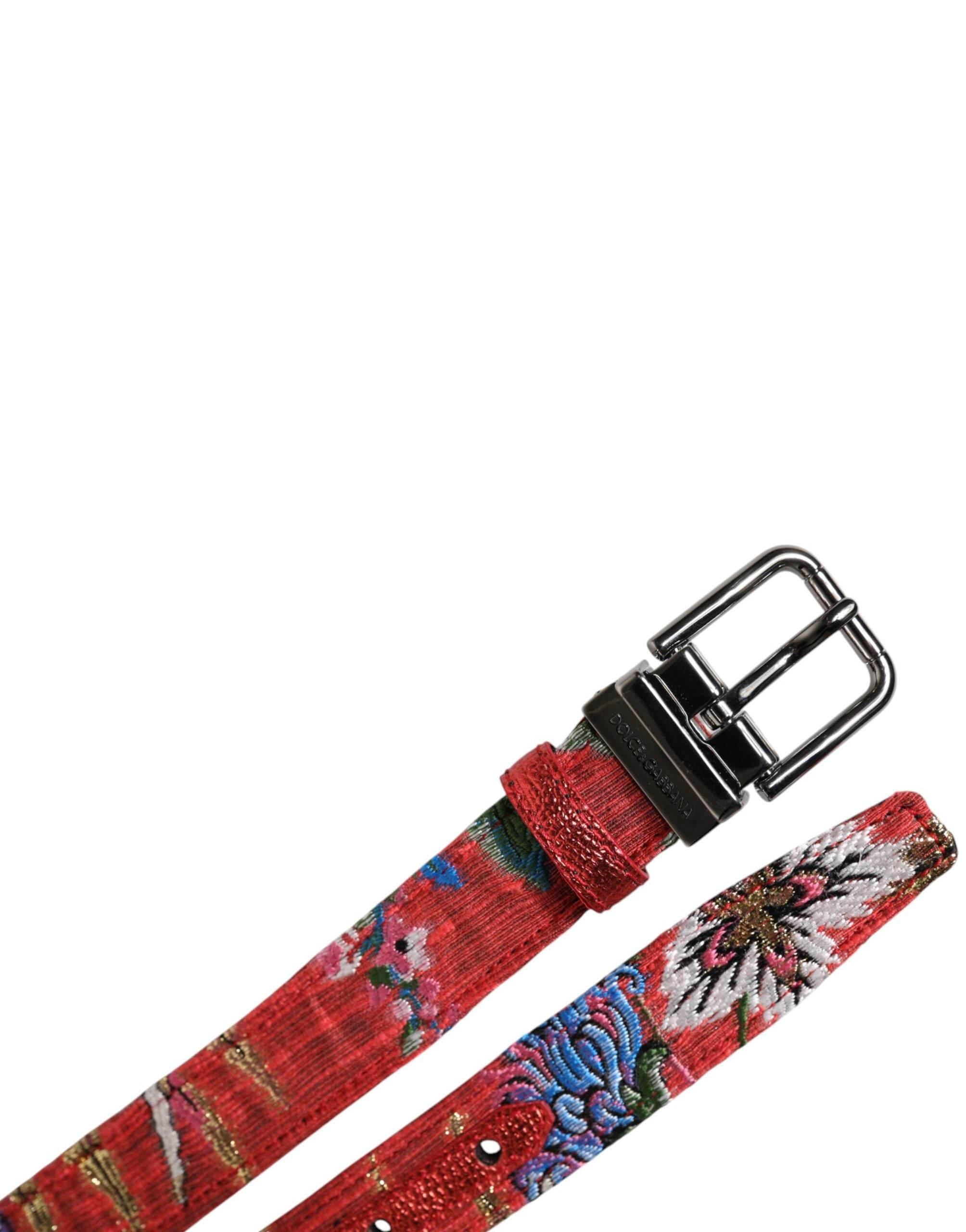 Dolce & Gabbana Red Floral DG Embellished Metal Buckle Belt - Hilstor
