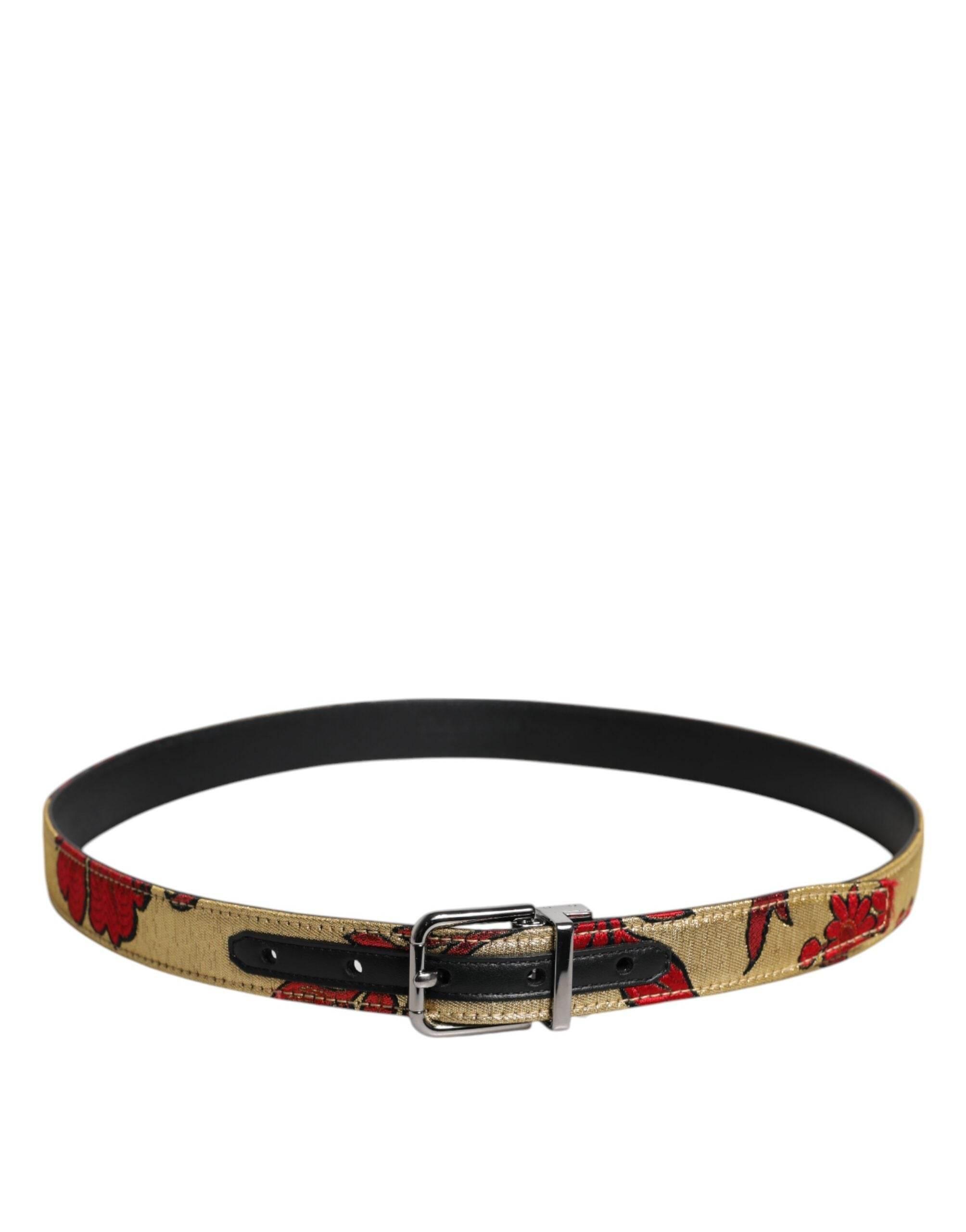 Dolce & Gabbana Gold Floral Jacquard Leather Metal Buckle Belt - Hilstor
