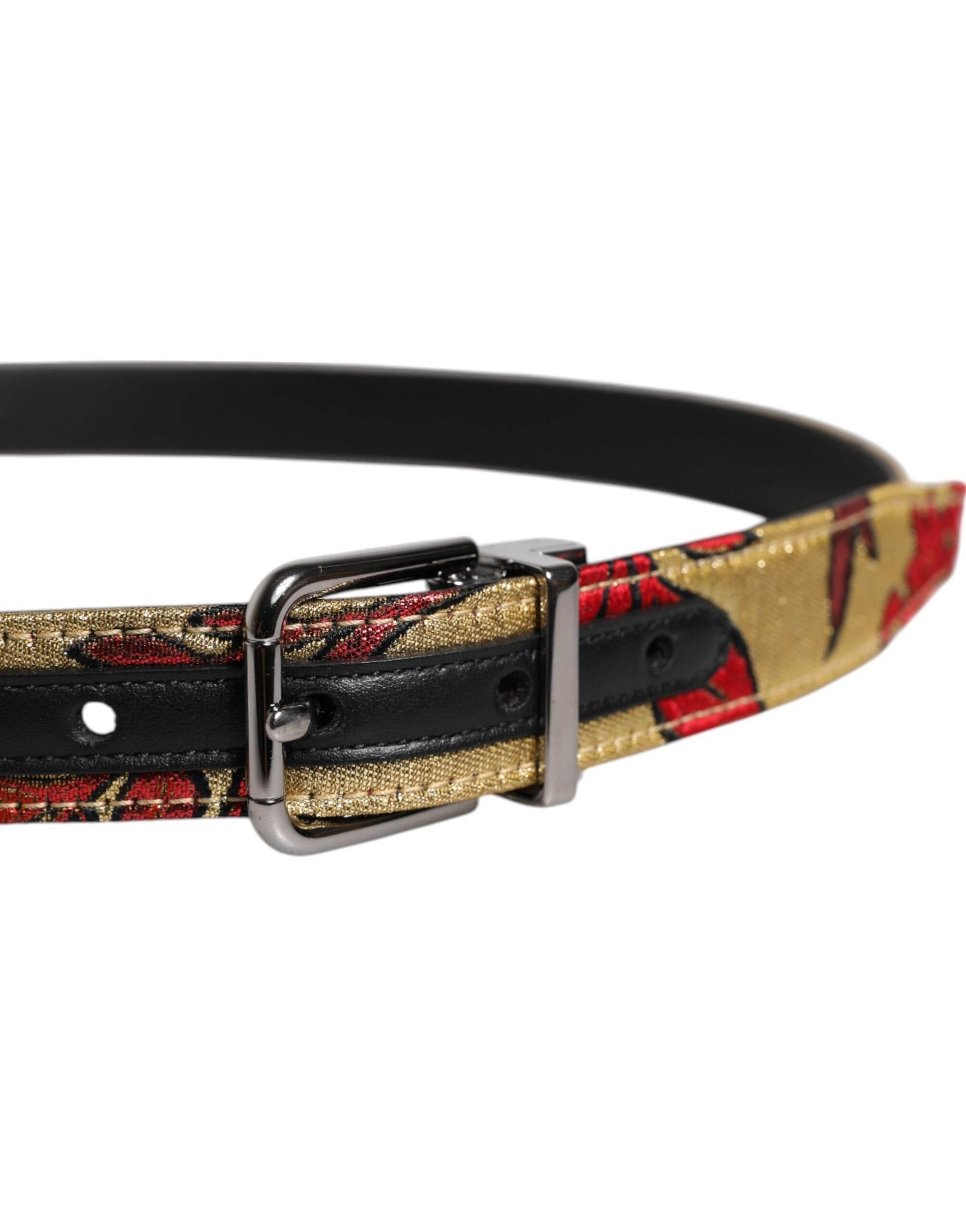 Dolce & Gabbana Gold Floral Jacquard Leather Metal Buckle Belt - Hilstor