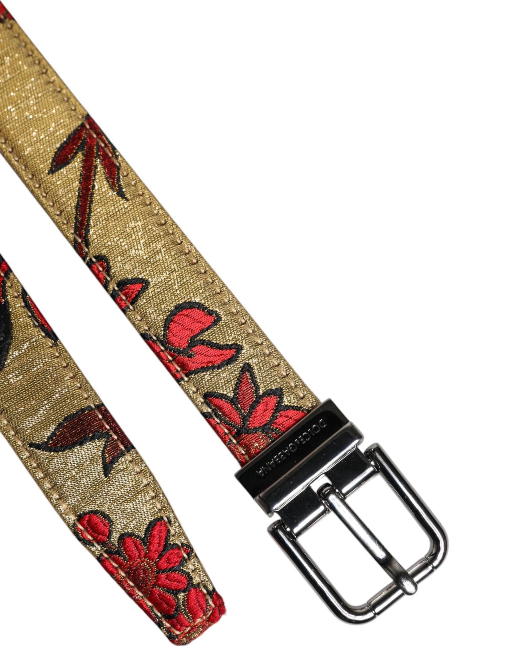 Dolce & Gabbana Gold Floral Jacquard Leather Metal Buckle Belt - Hilstor