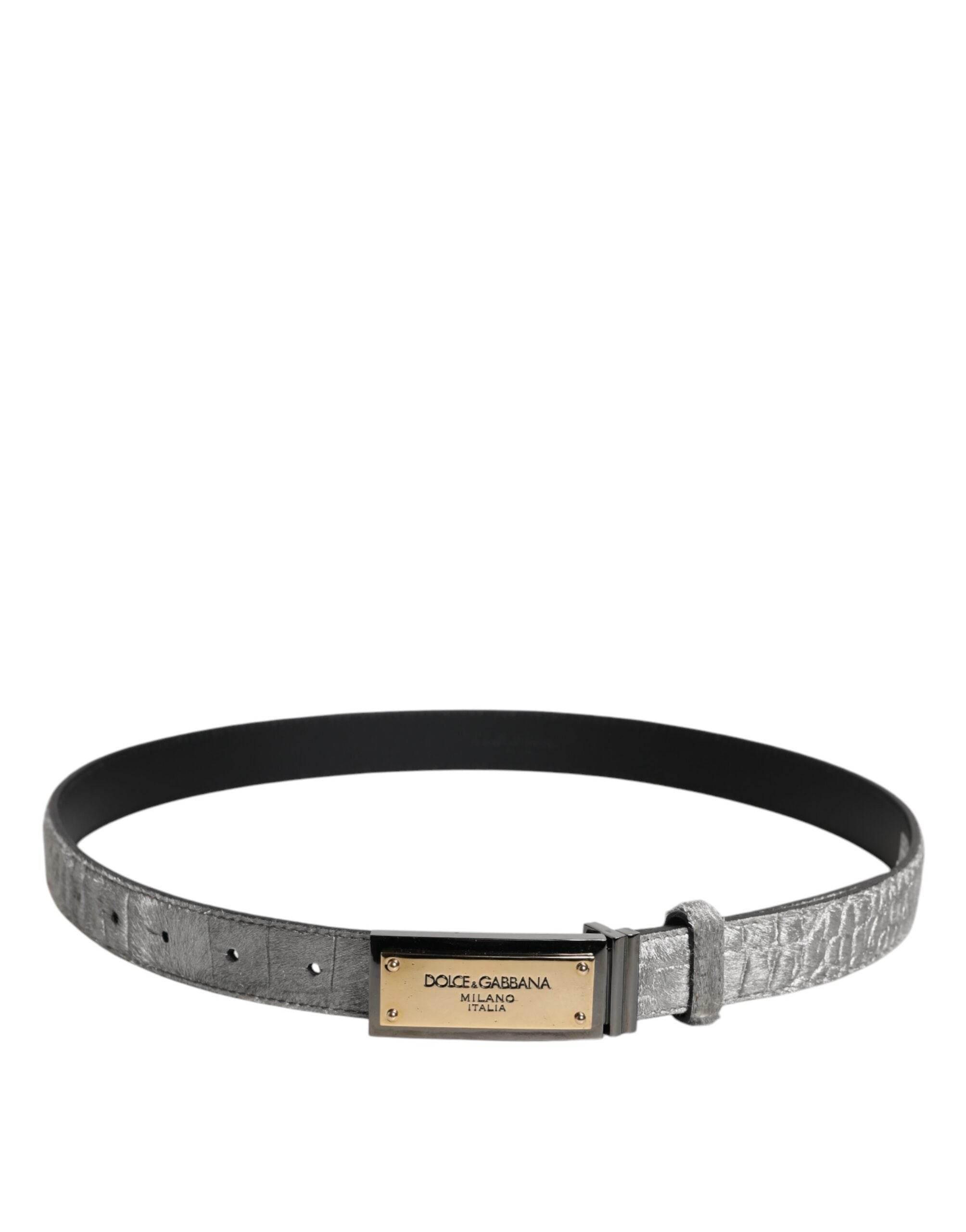 Dolce & Gabbana Silver Classic Gold Logo Plaque Buckle Belt - Hilstor