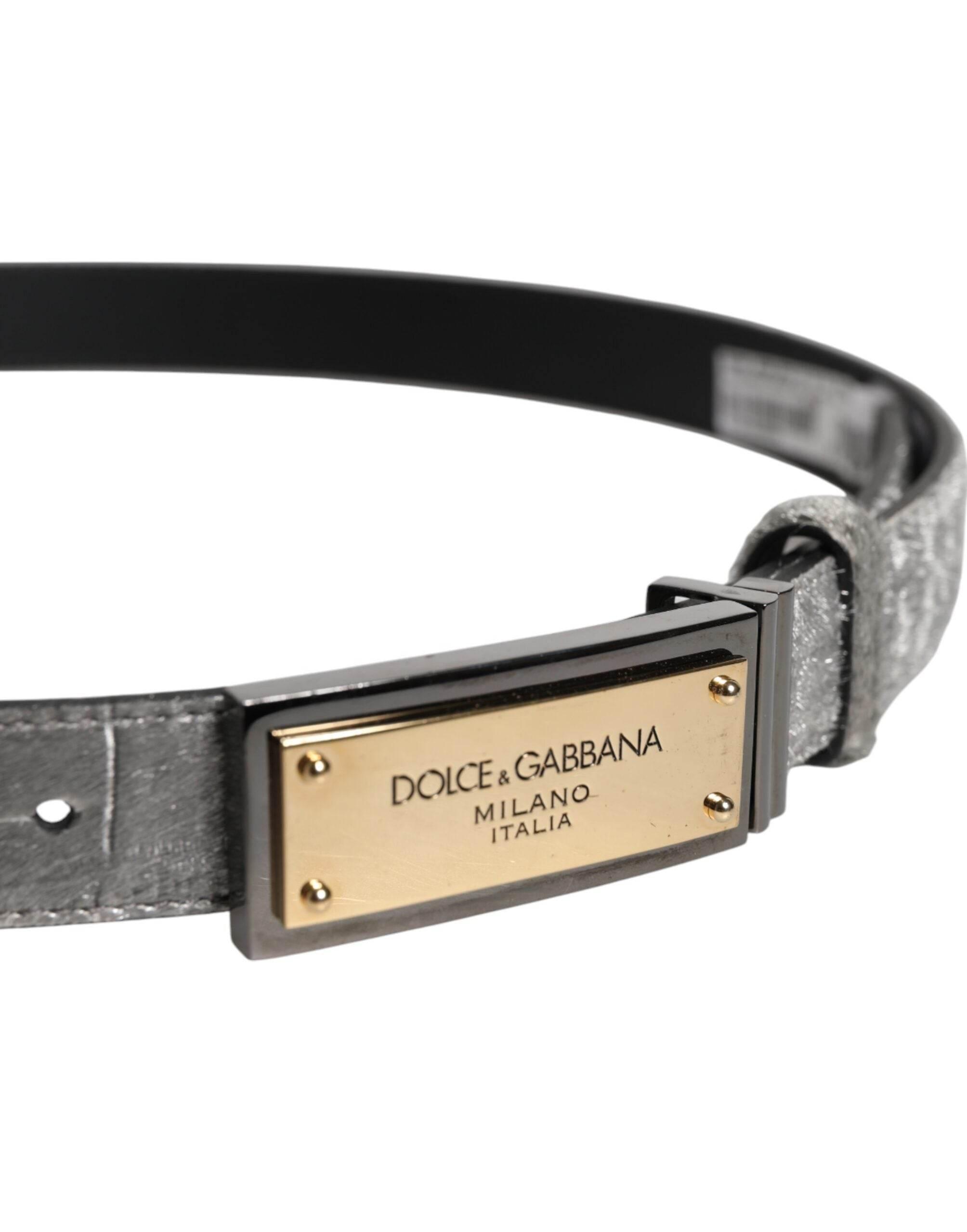 Dolce & Gabbana Silver Classic Gold Logo Plaque Buckle Belt - Hilstor