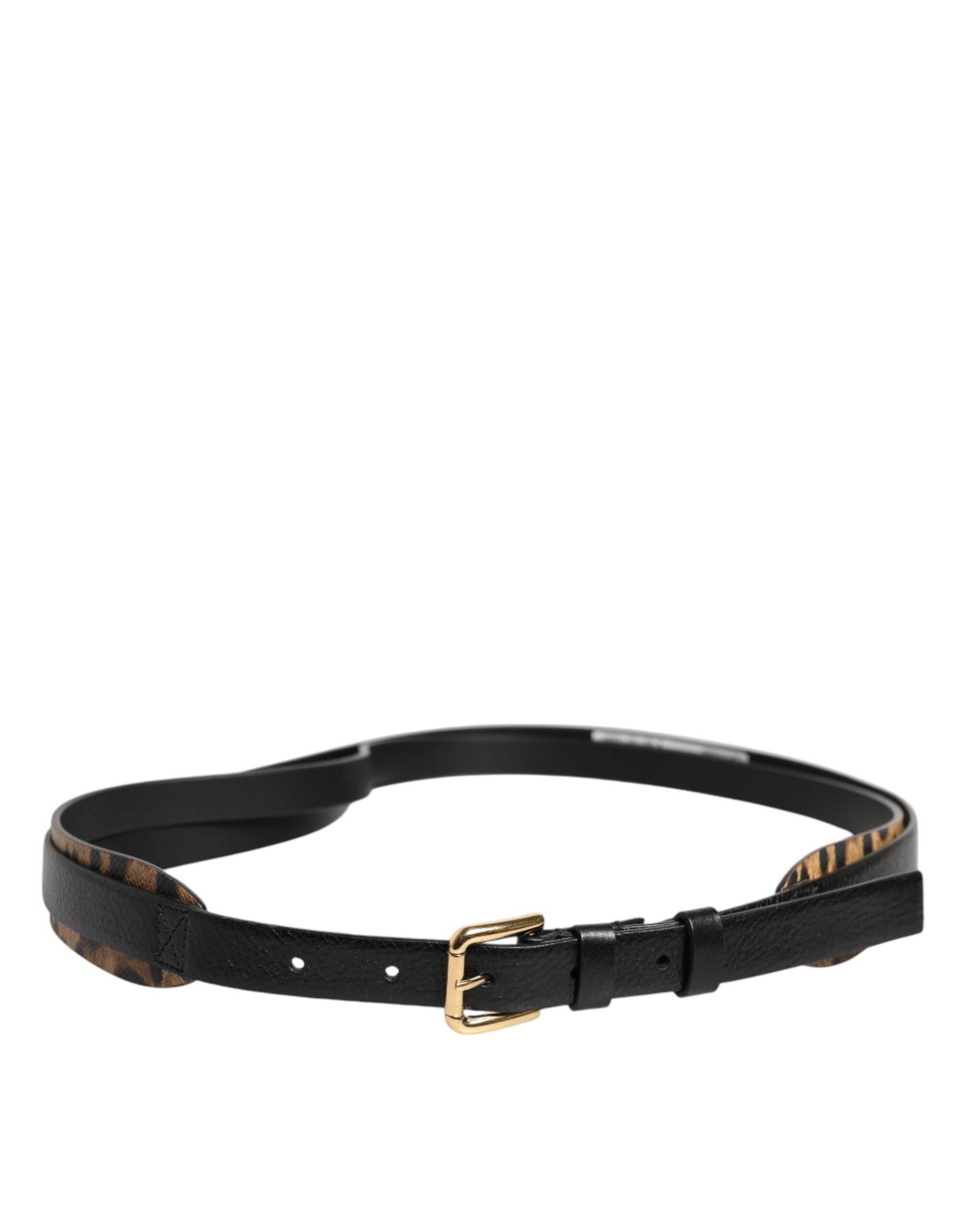 Dolce & Gabbana Black Leopard Classic Gold Metal Buckle Belt - Hilstor