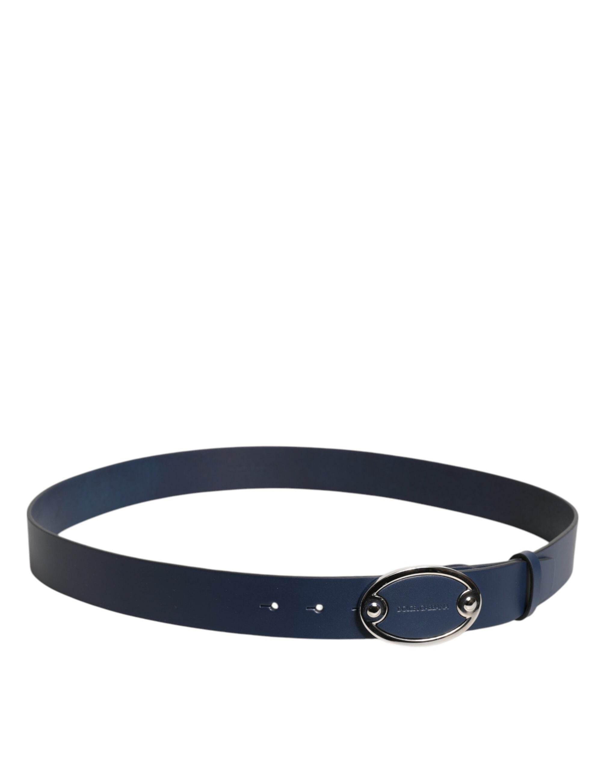 Dolce & Gabbana Blue Leather Classic Metal Logo Buckle Belt - Hilstor