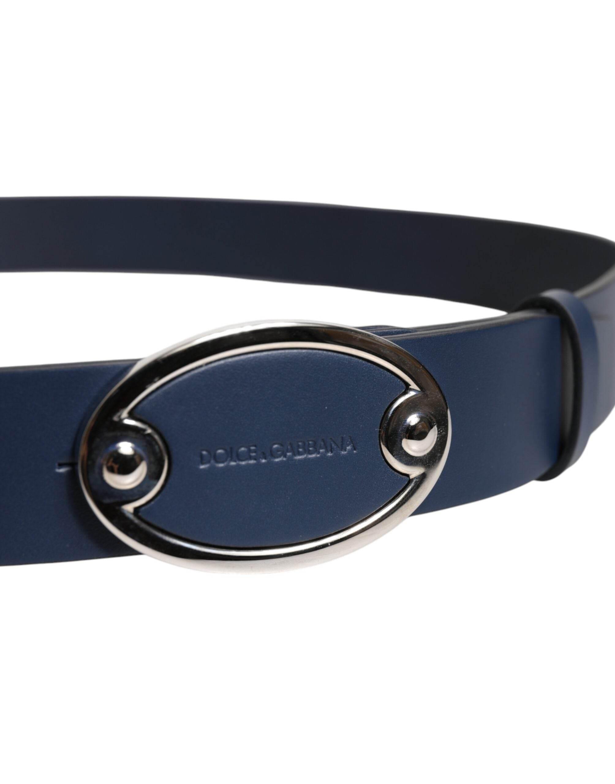 Dolce & Gabbana Blue Leather Classic Metal Logo Buckle Belt - Hilstor