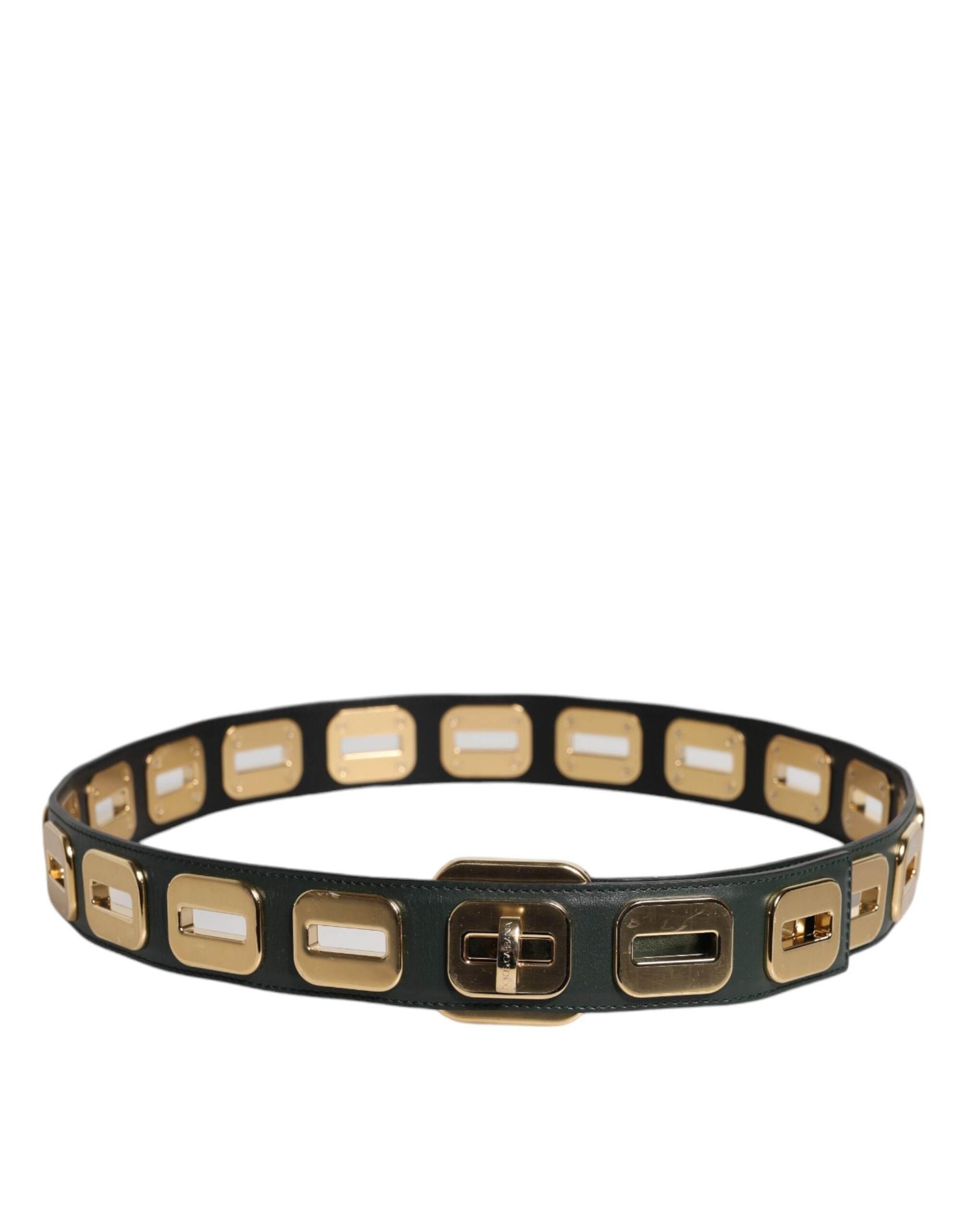 Dolce & Gabbana Green Leather Gold Tone Rotating Buckle Belt - Hilstor