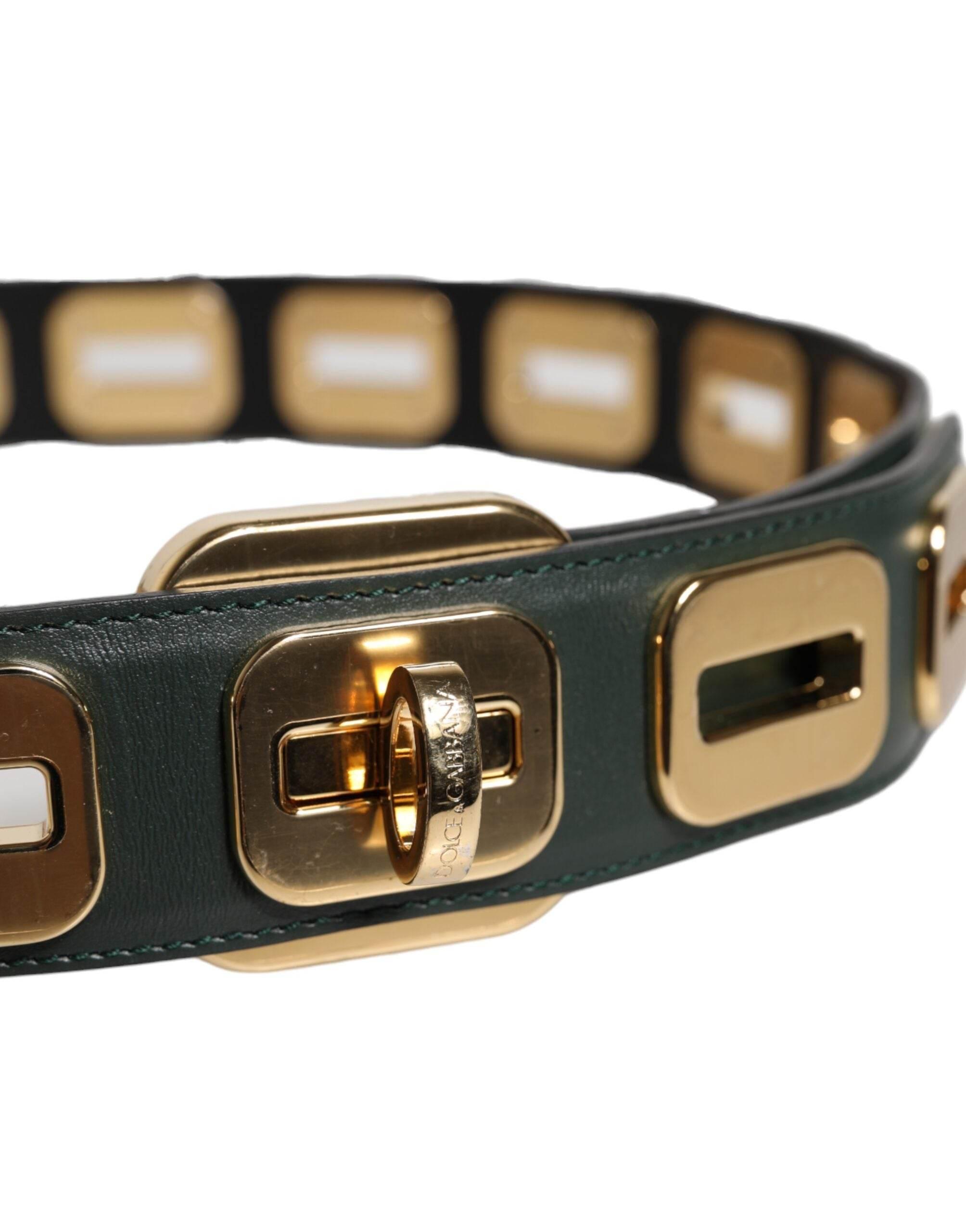 Dolce & Gabbana Green Leather Gold Tone Rotating Buckle Belt - Hilstor